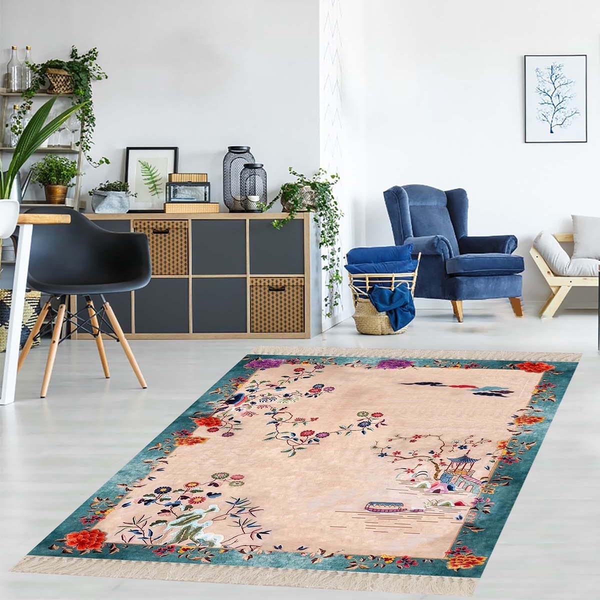 Otantik Kilim Kuş ve Çiçek Desenli Etnik Dijital Baskı Yıkanabilir Modern Salon Halı ve Yolluk