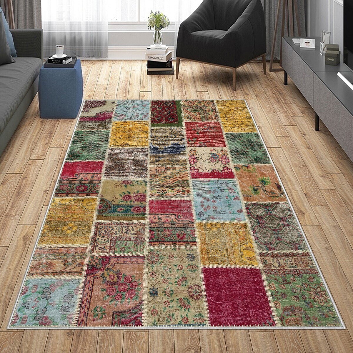 Çok Renkli Patchwork Kırkyama Desen Yıkanabilir Kaymaz Taban Leke Tutmaz Modern Salon Halısı ve Yolluk