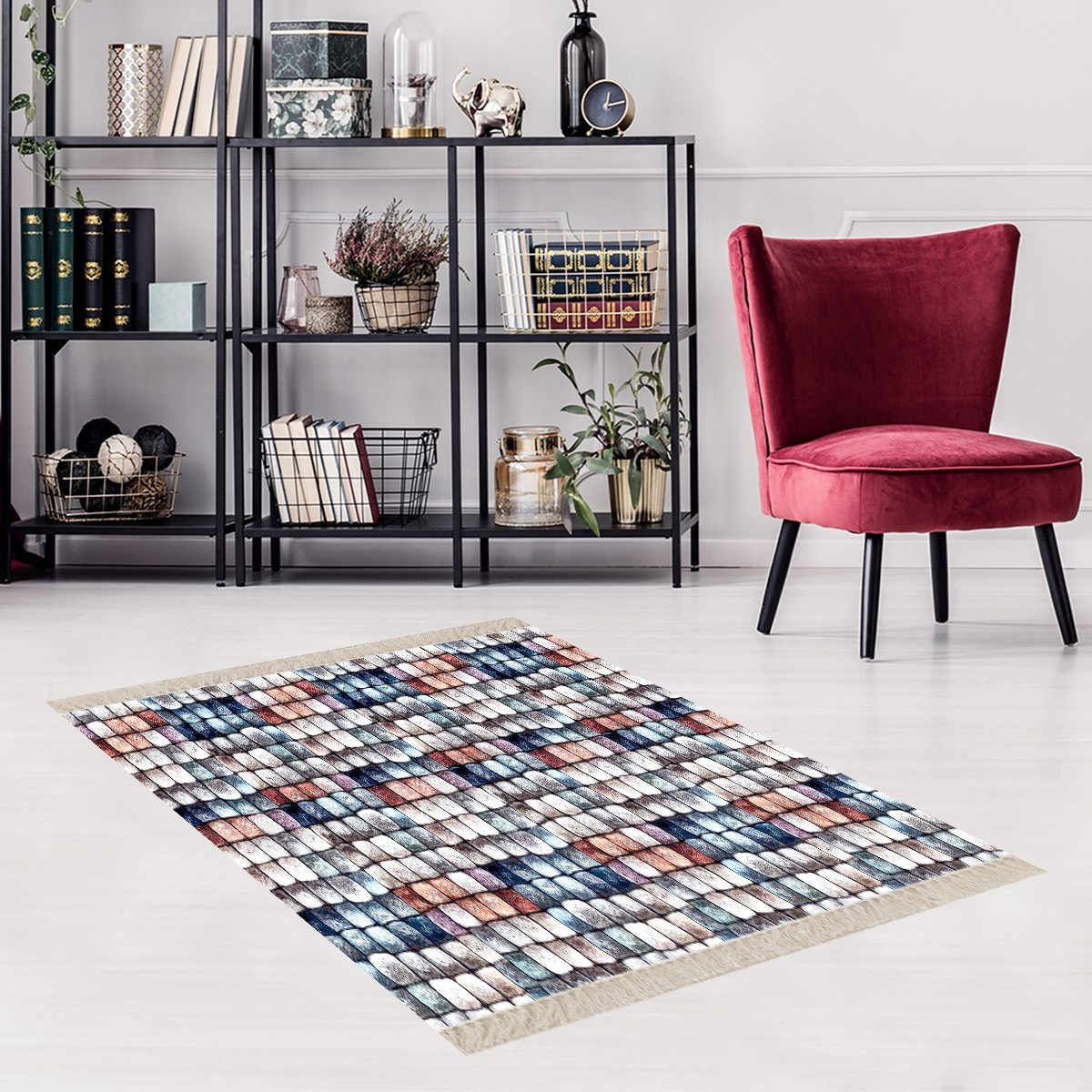 Taş Desenli Renk Bloklu Dijital Baskı Yıkanabilir Kaymaz Taban Modern Salon Halısı