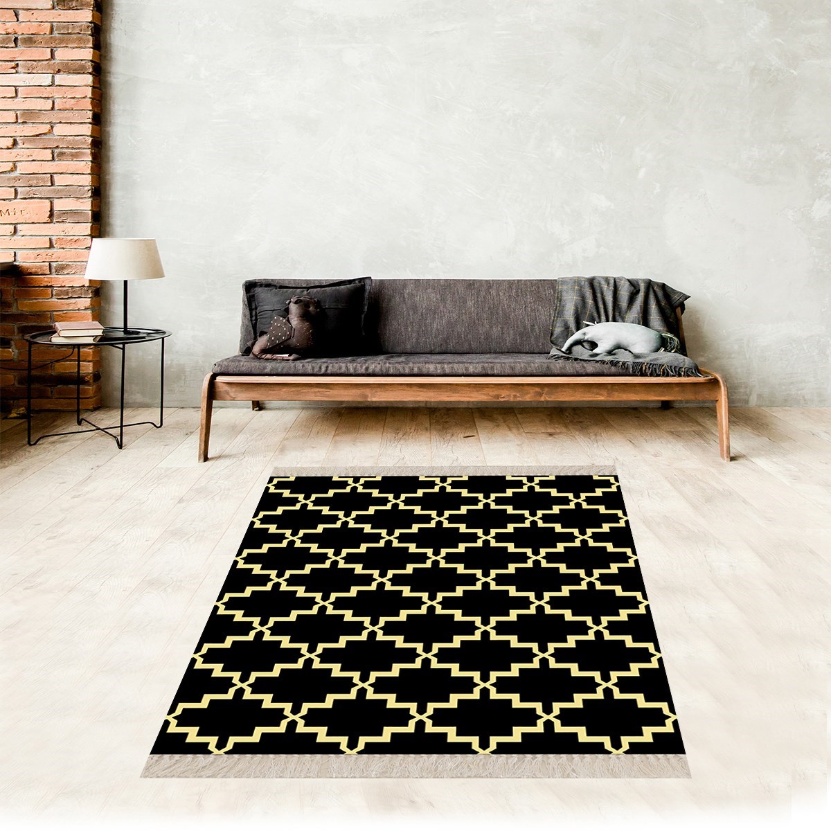 Geometrik Gold Karo Desenli Dijital Baskı Yıkanabilir Kaymaz Taban Modern Salon Halısı
