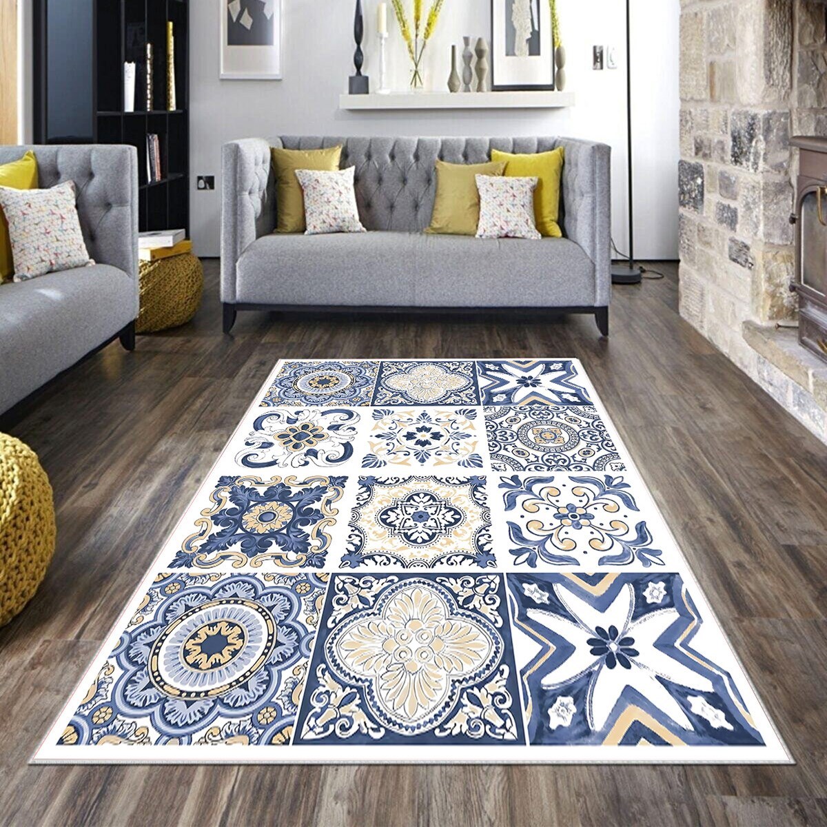 Mavi Patchwork Desen Geometrik Yıkanabilir Kaymaz Taban Leke Tutmaz Modern Salon Halısı ve Yolluk