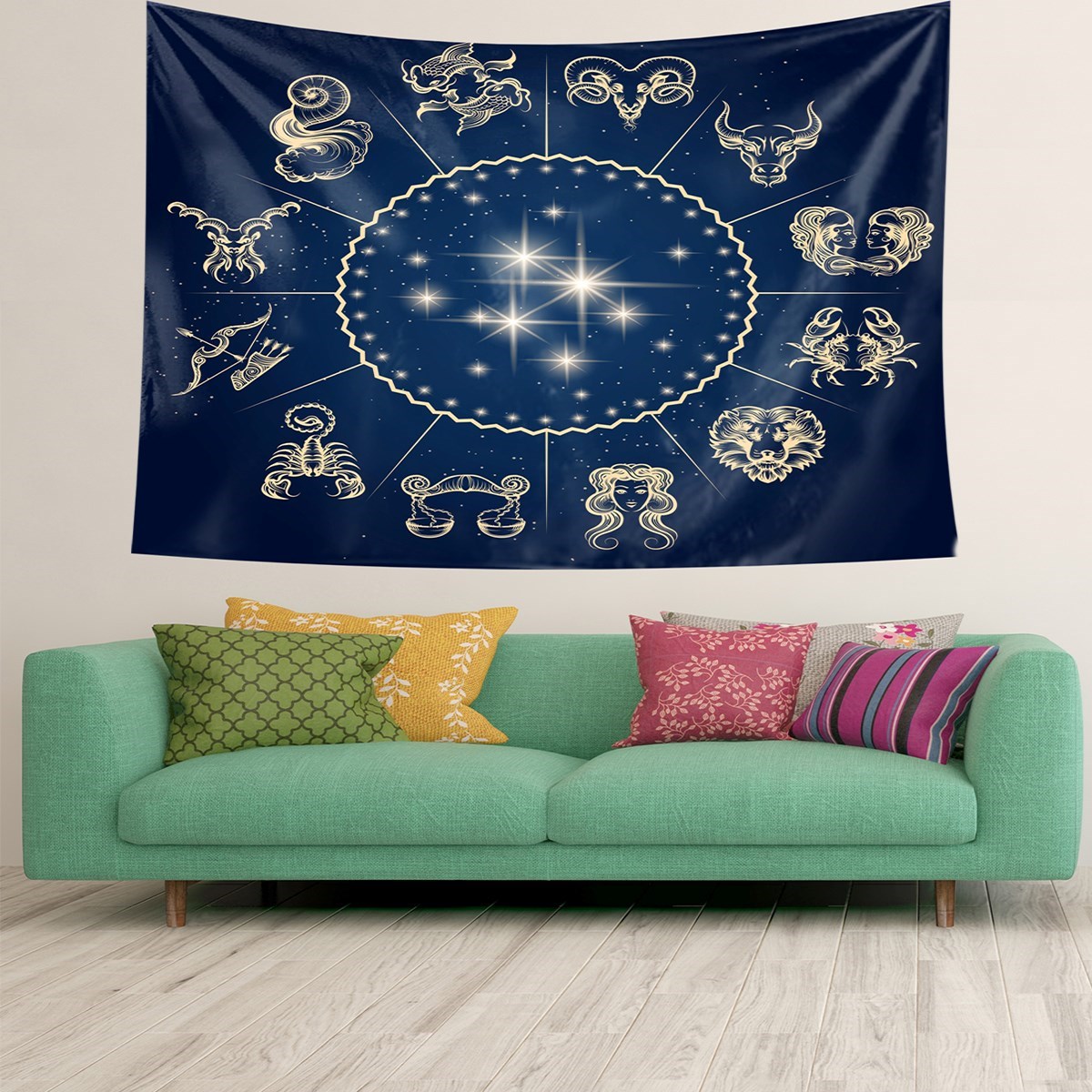 Astroloji Burçlar 12 Burç Desen Leke Tutmaz Kadife Doku Kumaş Duvar Örtüsü Duvar Halısı Tapestry