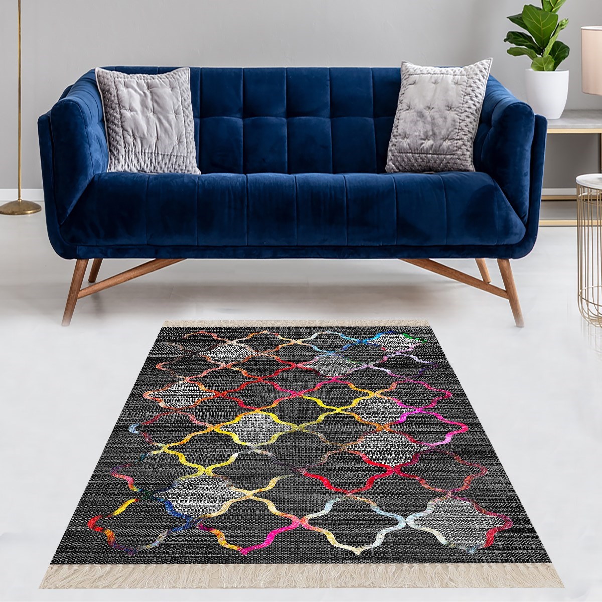 Renkli Geometrik Desenli Dijital Baskı Yıkanabilir Kaymaz Taban Etnik Kilim Desen Salon Halı