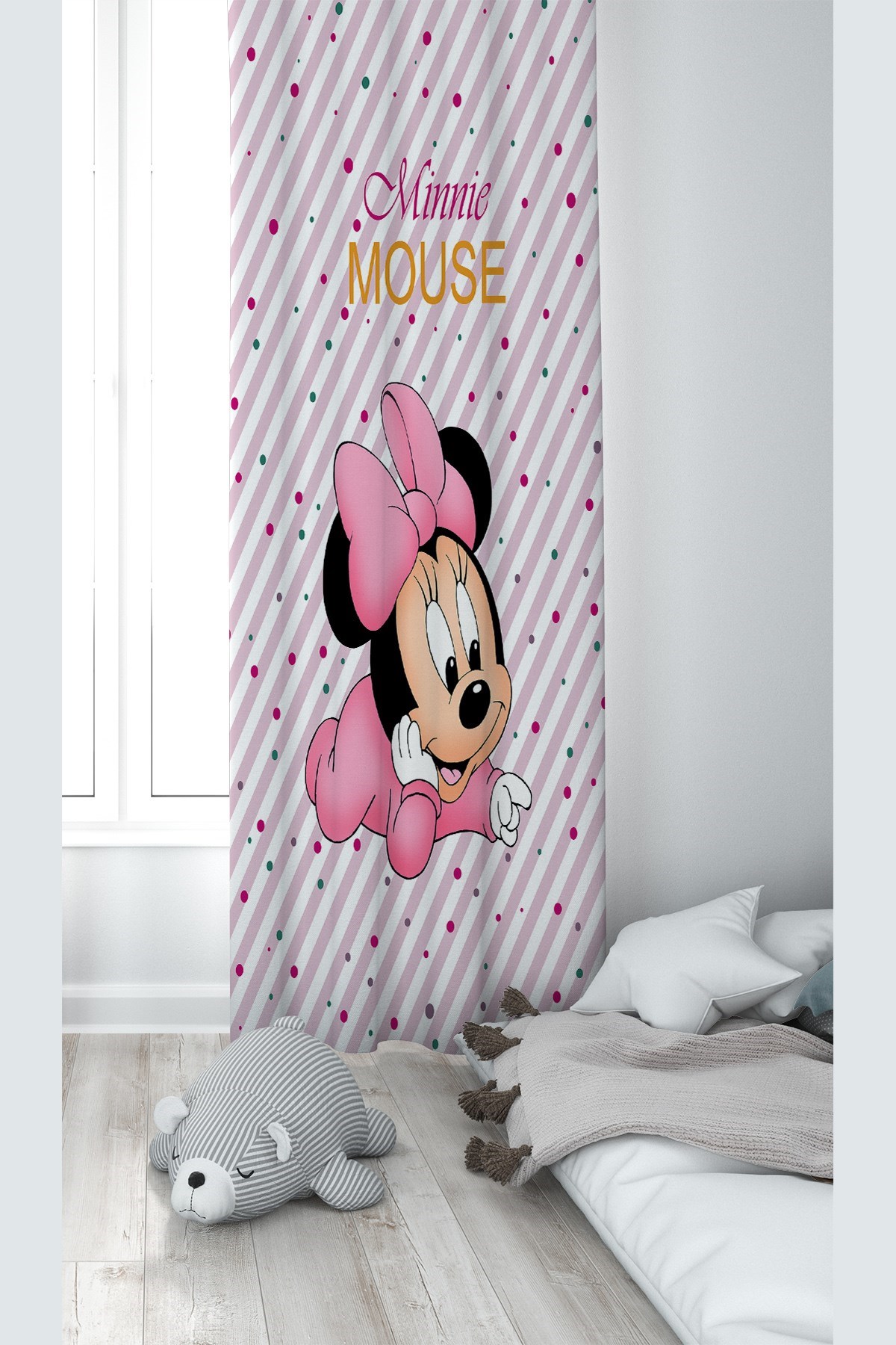 Pembe Minnie Mouse Desenli Dijital Baskı Yıkanabilir Bebek Çocuk Odası Fon Perdesi