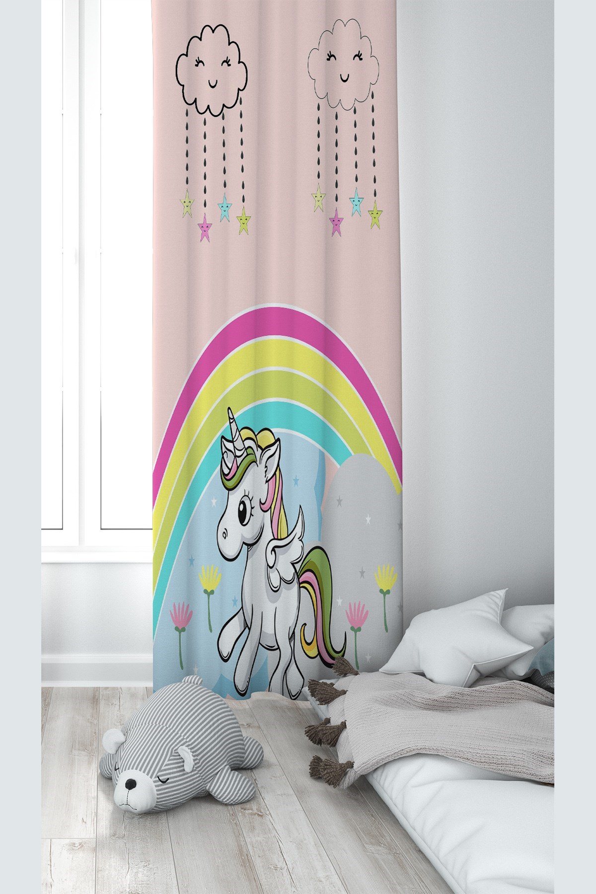 Pembe Unicorn Desenli Dijital Baskı Yıkanabilir Bebek Çocuk Odası Fon Perdesi