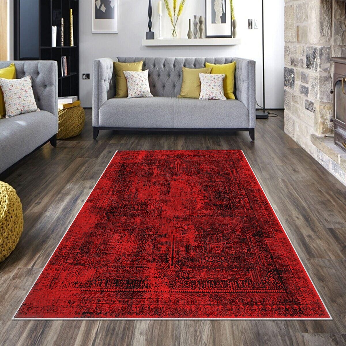 Bordo Osmanlı Motif Nakış İşleme Yıkanabilir Kaymaz Taban Leke Tutmaz Modern Salon Halısı ve Yolluk