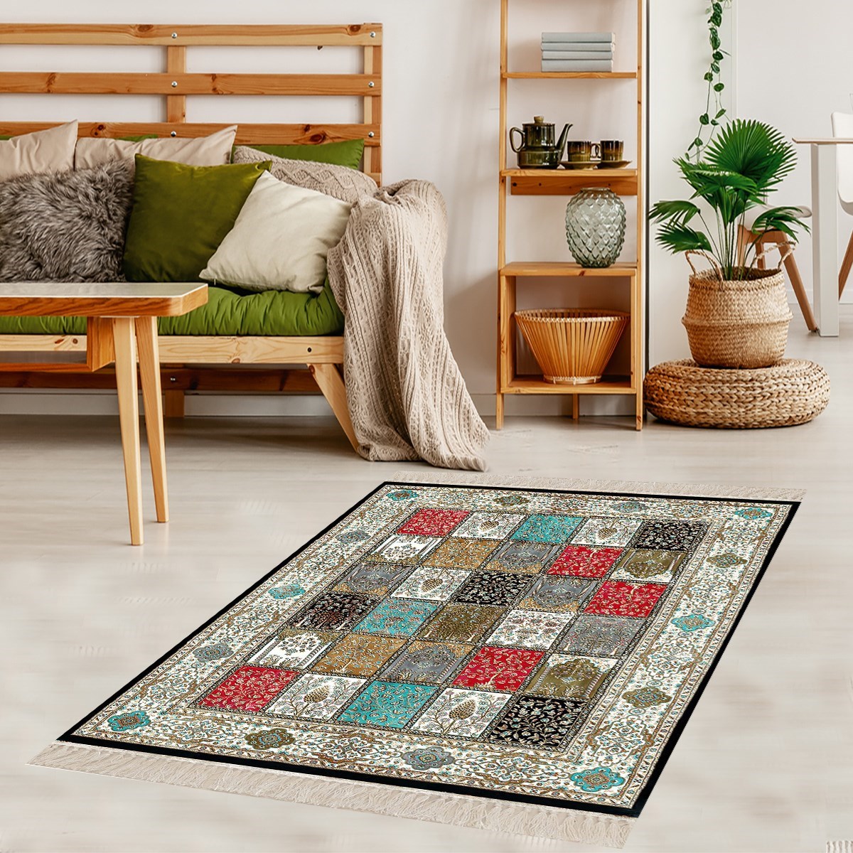 Kırkyama Patchwork Desenli Etnik Dijital Baskı Yıkanabilir Kaymaz Taban Salon Halı ve Yollu