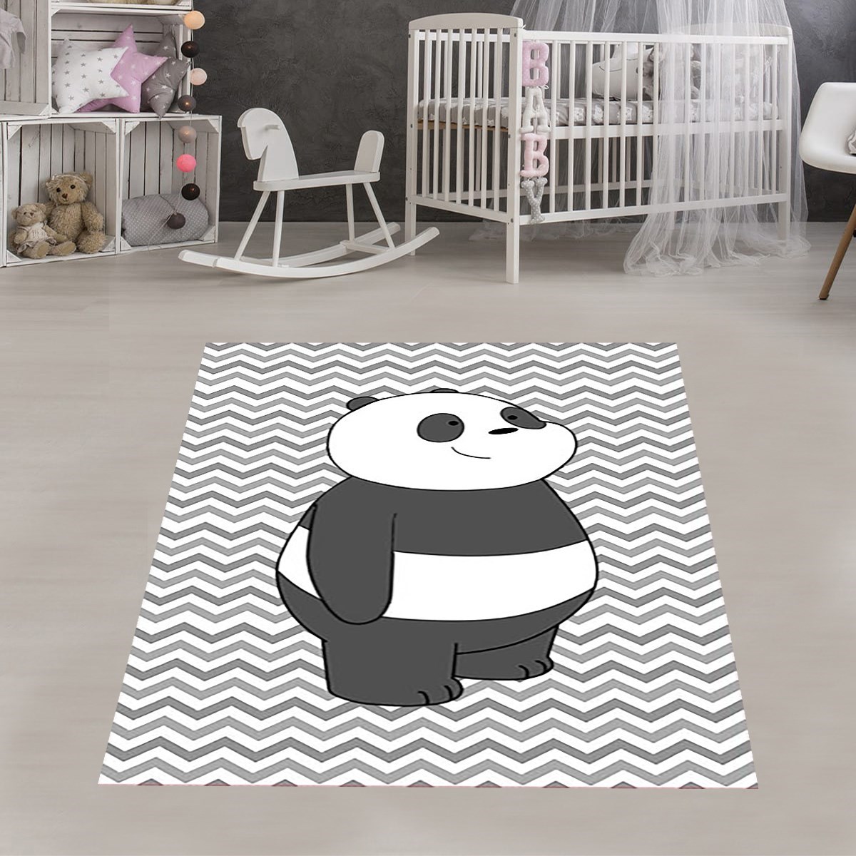 Sevimli Panda Ayı Animal Zigzag Taban Desenli Dijital Baskılı Kaymaz Taban Çocuk Odası Halısı