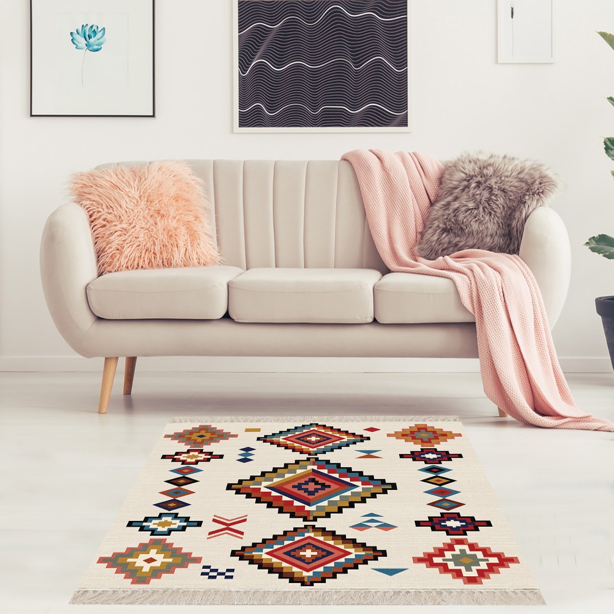 Kilim Desenli Etnik Dijital Baskı Yıkanabilir Kaymaz Taban Eskitme Salon Halı ve Yolluk