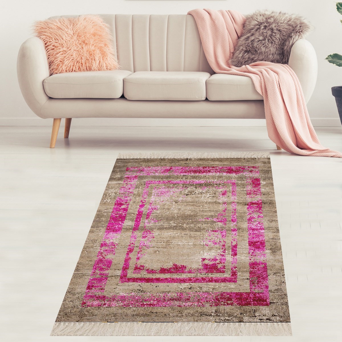 Eskitme Model Fuşya Çerçeveli Dijital Baskı Yıkanabilir Kaymaz Taban Salon Halısı Ve Yolluk