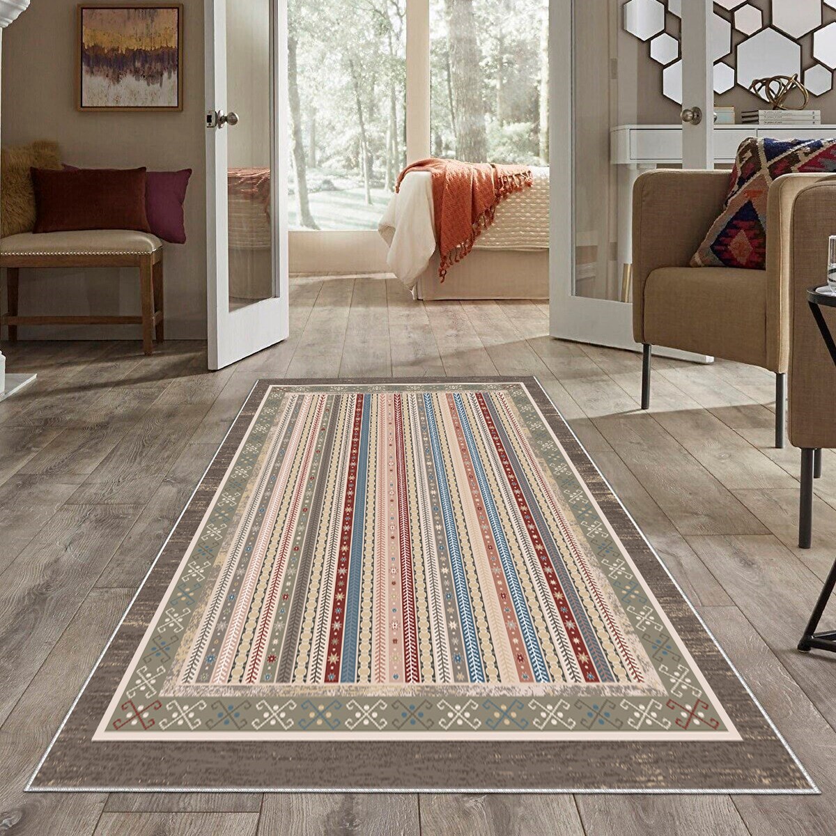 Vizon Kilim Desenli Yıkanabilir Kaymaz Taban Leke Tutmaz Modern Salon Halısı ve Yolluk