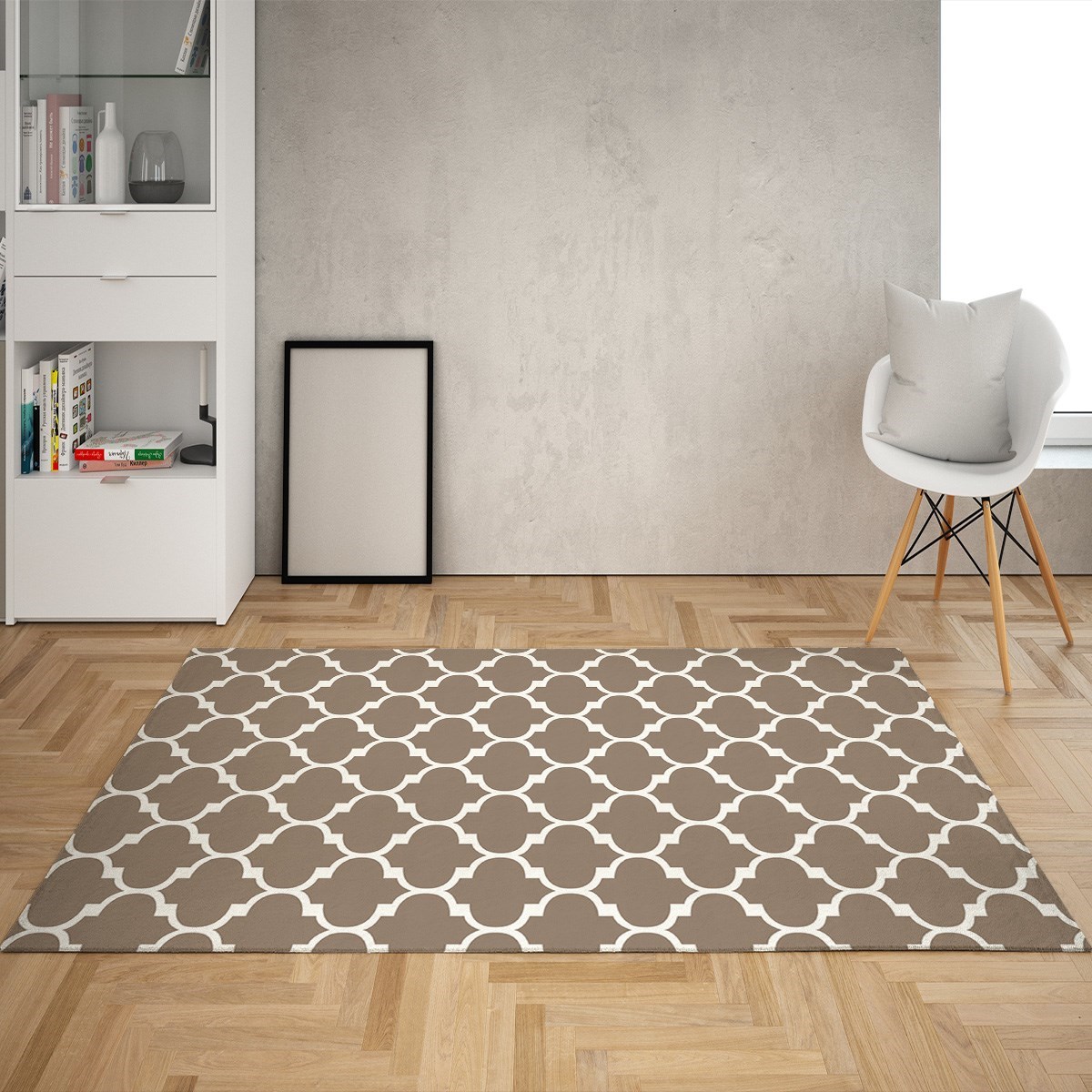 Geometrik Desenli Karo Motif Dijital Baskı Yıkanabilir Kaymaz Taban Modern Salon Halısı (Vizon1)