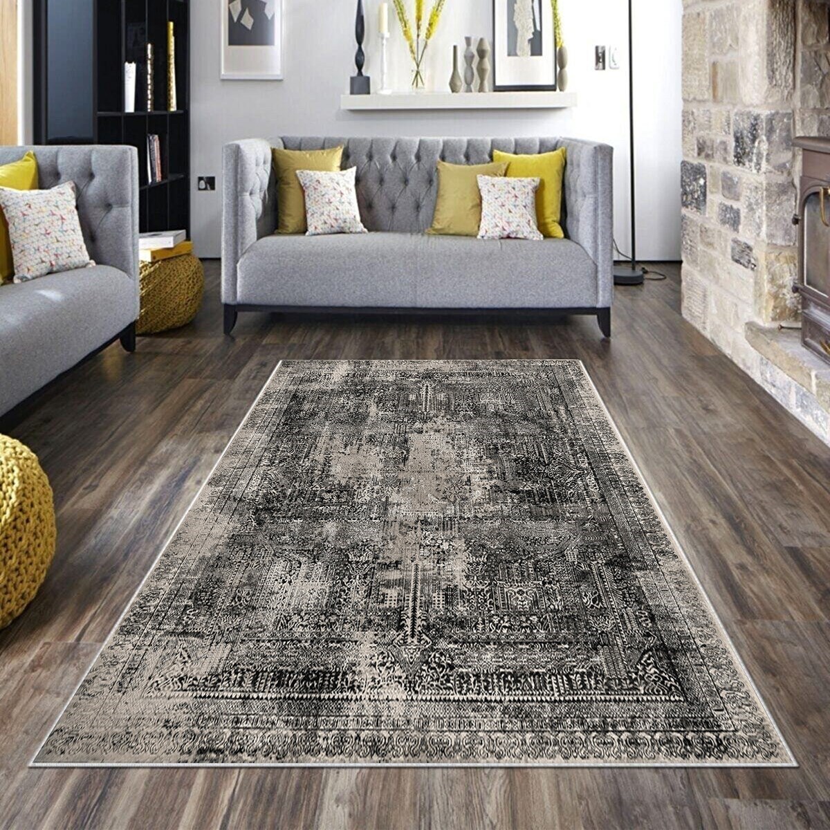 Gri Osmanlı Motif Nakış İşleme Yıkanabilir Kaymaz Taban Leke Tutmaz Modern Salon Halısı ve Yolluk