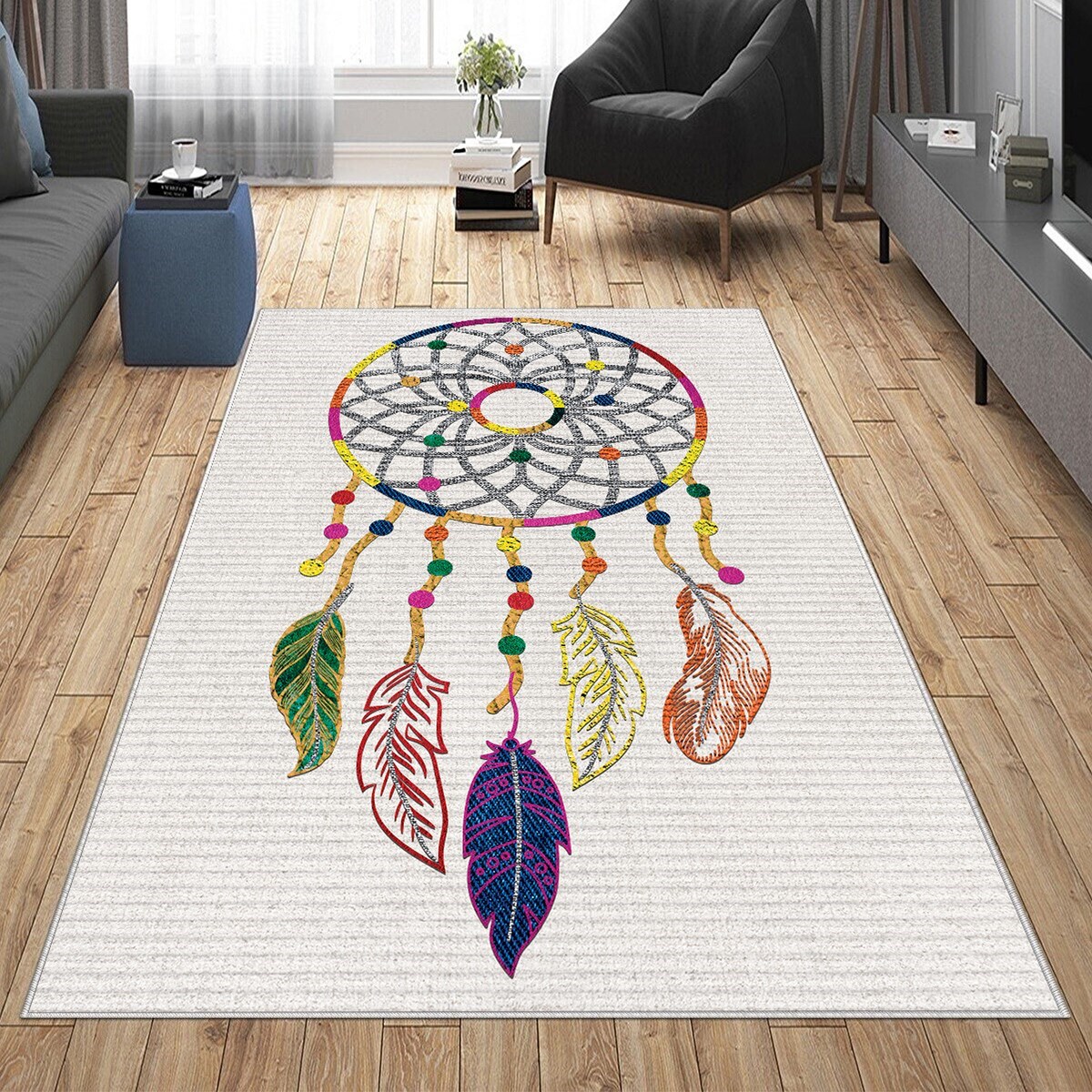 Gri Dreamcatcher Yıkanabilir Kaymaz Taban Leke Tutmaz Modern Salon Halısı ve Yolluk