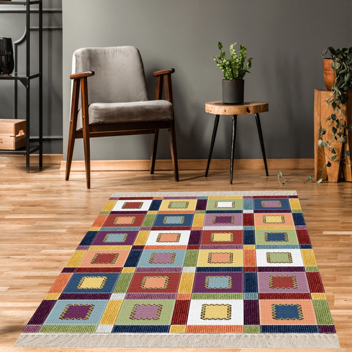 Kırkyama Patchwork Desenli Etnik Dijital Baskı Yıkanabilir Kaymaz Taban Salon Halı ve Yollu