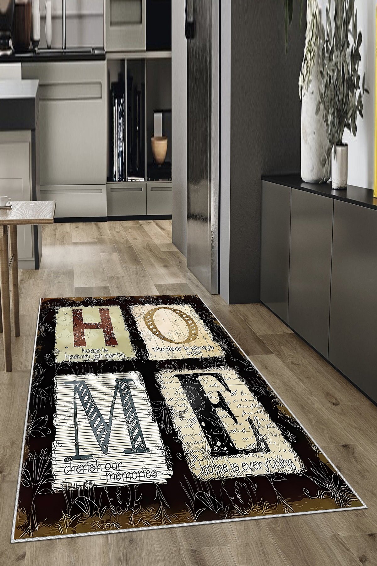 Siyah Zemin Patchwork Home Desenli Yıkanabilir Kaymaz Taban Leke Tutmaz Modern Mutfak Halısı