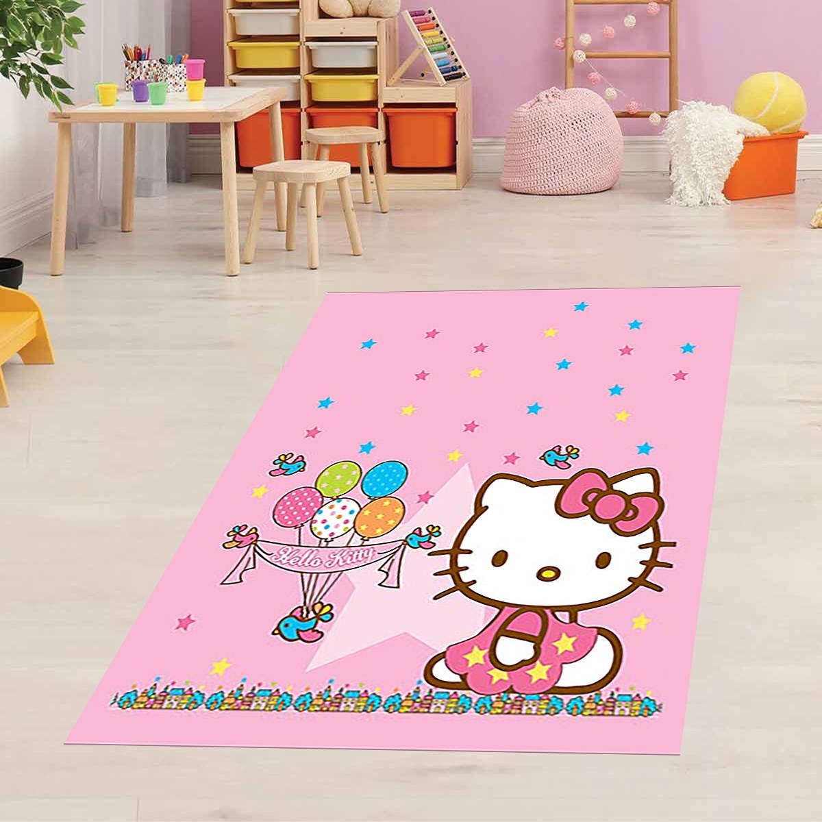 Hello Kitty Kedi Desenli Dijital Baskı Yıkanabilir Kaymaz Taban Bebek ve Kedili Çocuk Odası Halısı