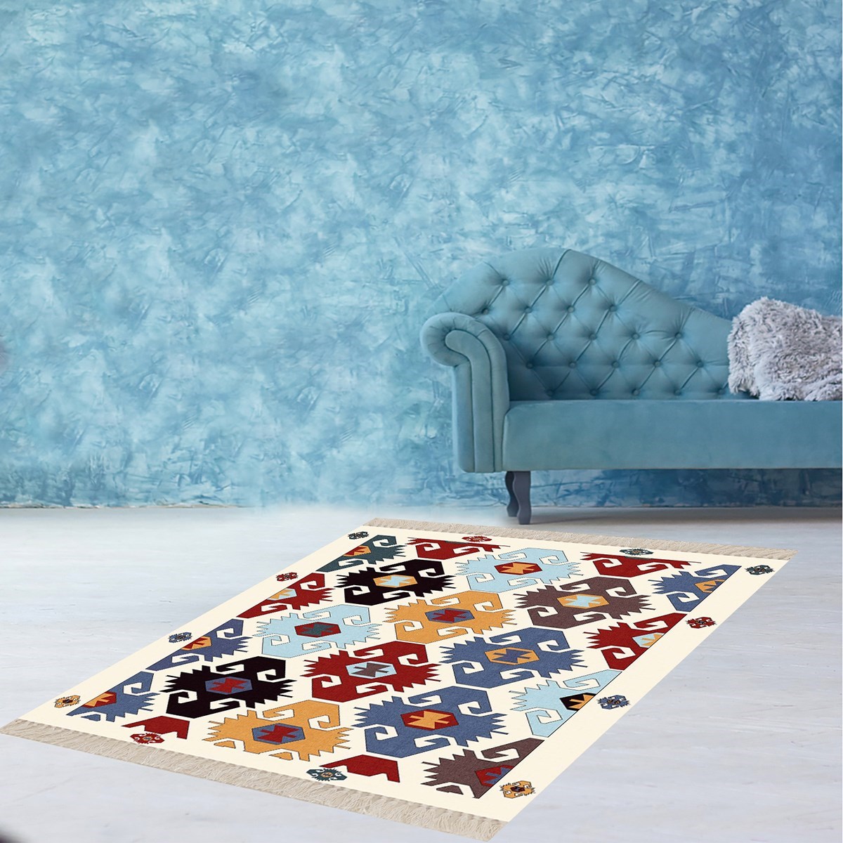 Otantik Kilim Desenli Etnik Dijital Baskı Yıkanabilir Modern Salon Halı ve Yolluk