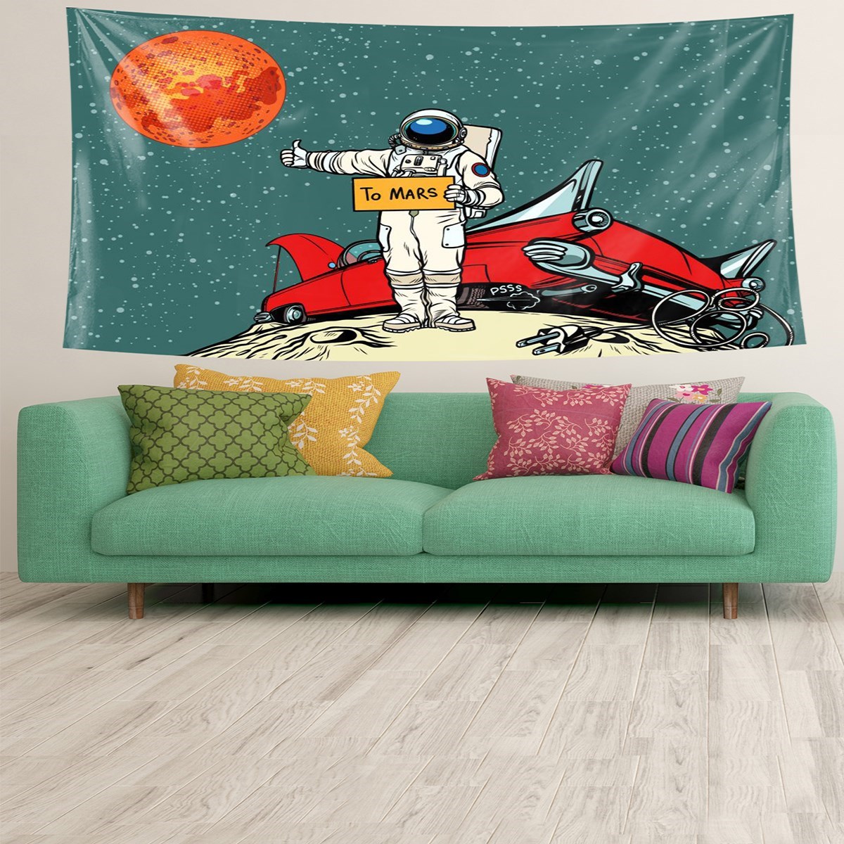 To Mars Astronot Desen Leke Tutmaz Kadife Dokulu Kumaş Duvar Örtüsü Duvar Halısı Tapestry