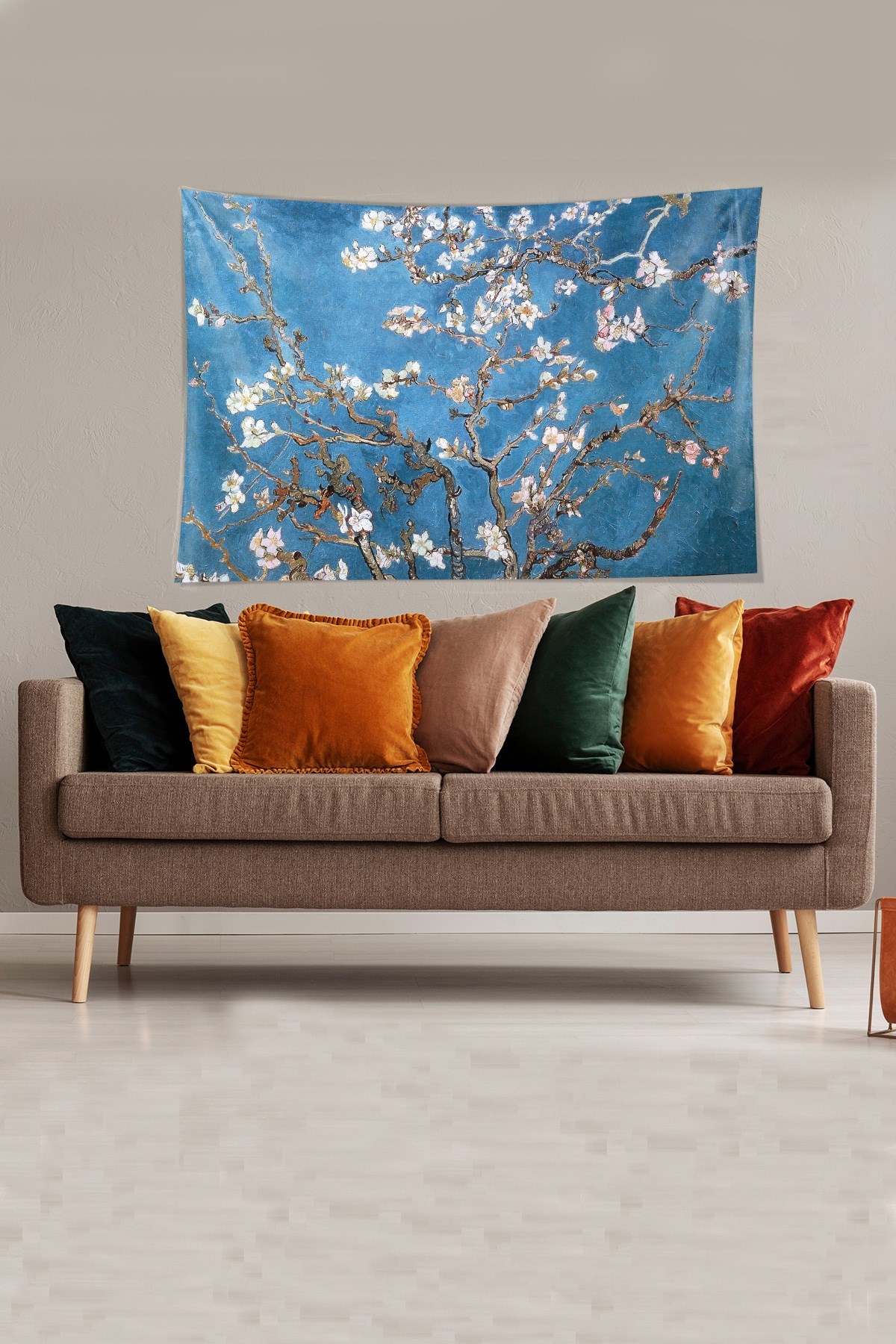 Mavi Almond Blossom Leke Tutmaz Kadife Kumaş Duvar Örtüsü Duvar Halısı Tapestry