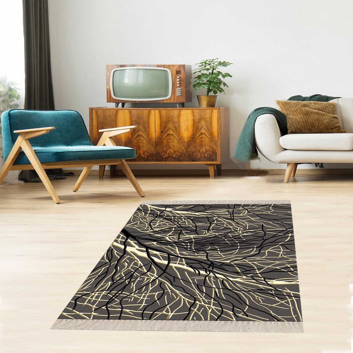 Ağaç Desenli Dijital Baskı Yıkanabilir Kaymaz Taban Etnik Kilim Desen Salon Halısı ve Yolluk