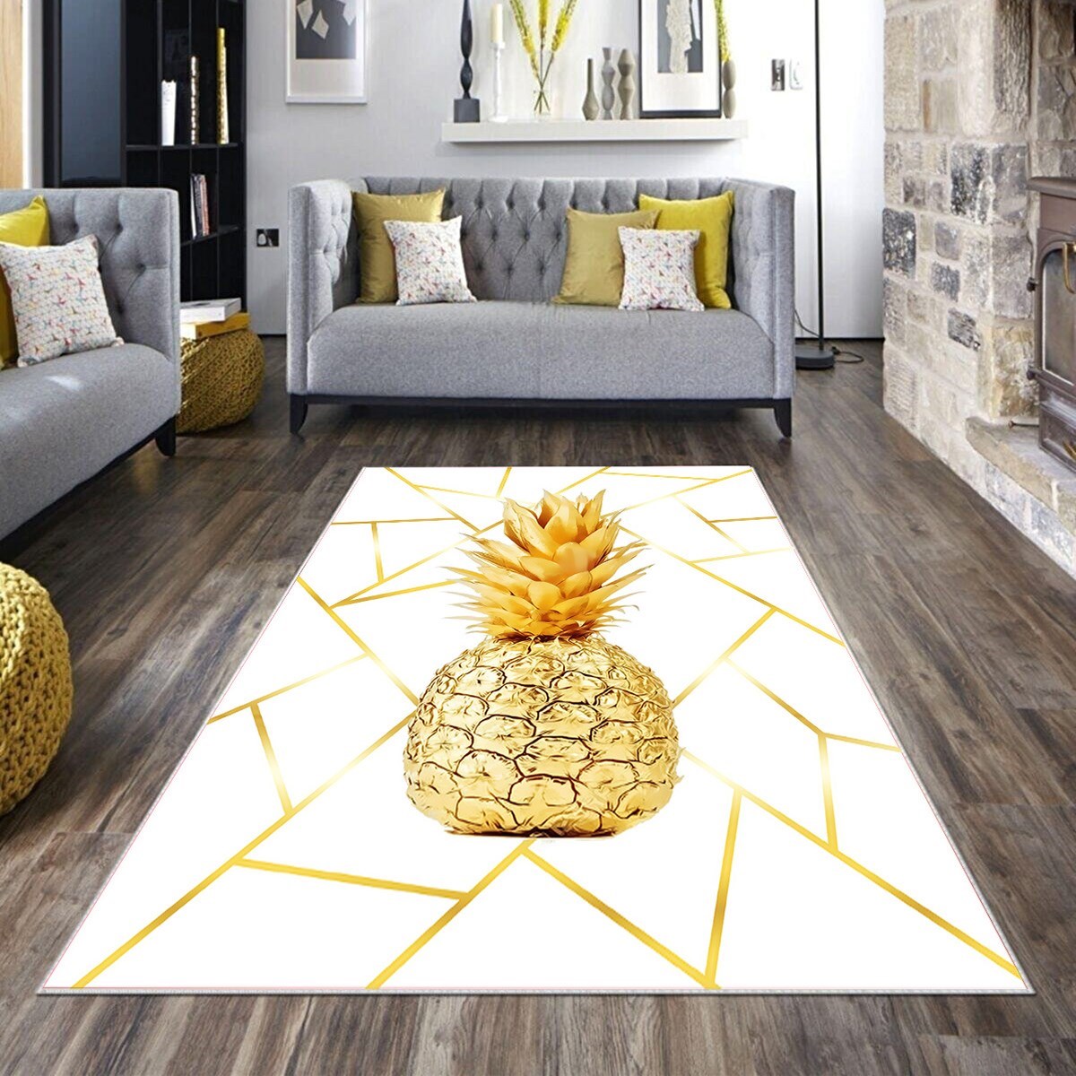 Beyaz Zemin Gold Ananas Desenli Yıkanabilir Kaymaz Taban Leke Tutmaz Modern Salon Halısı ve Yolluk