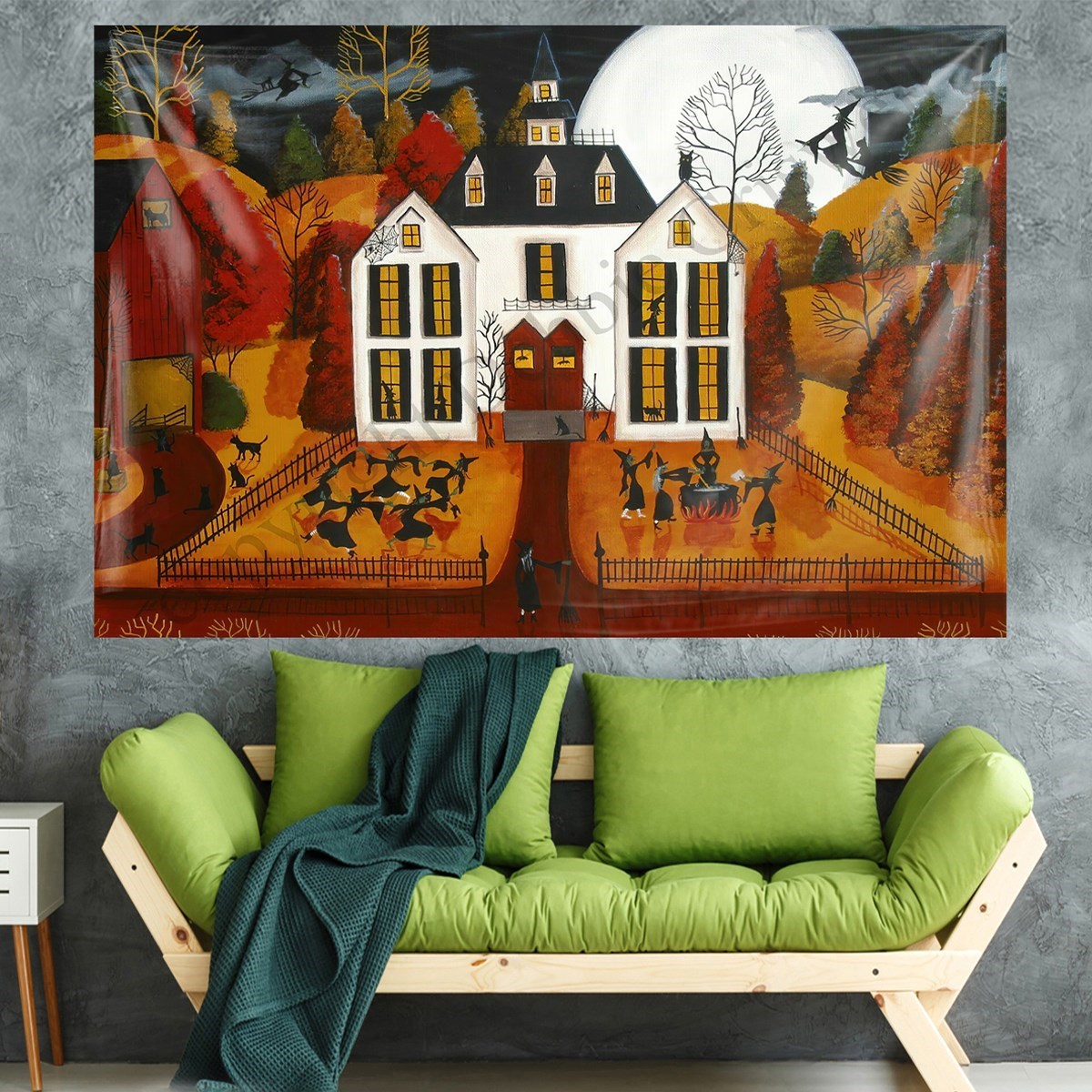 Hallowen Şato Cadı Desen Leke Tutmaz Kadife Dokulu Kumaş Duvar Örtüsü Duvar Halısı Tapestry