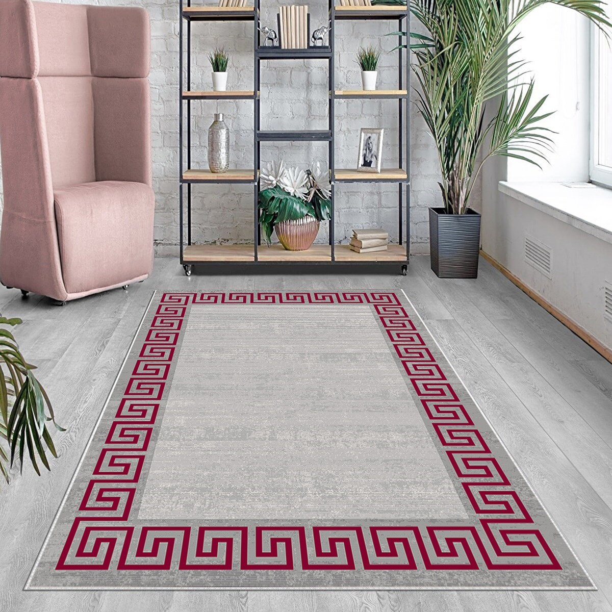 Bordo Geometrik Desenli Yıkanabilir Kaymaz Taban Leke Tutmaz Modern Salon Halısı ve Yolluk