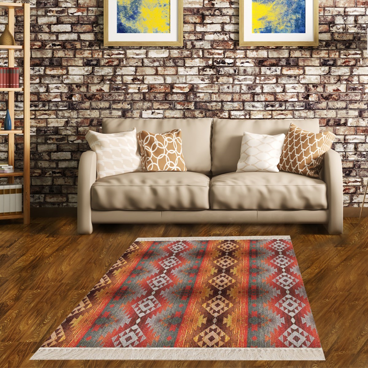 Kilim Desenli Etnik Dijital Baskı Yıkanabilir Kaymaz Taban Modern Salon Halı ve Yolluk