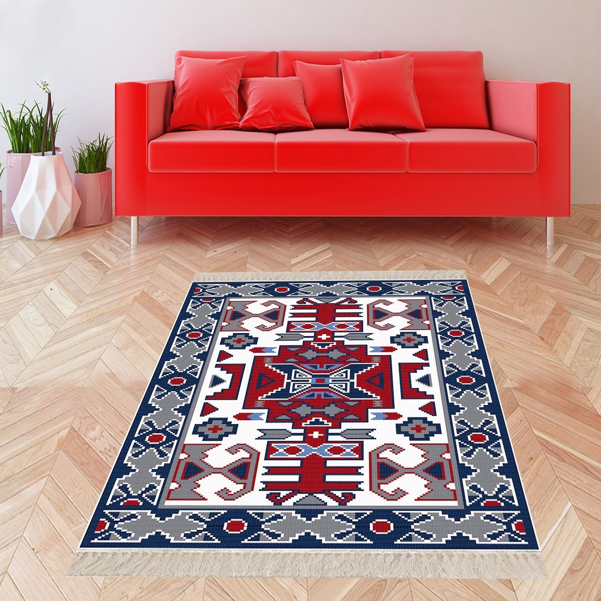 Kilim Desenli Etnik Dijital Baskı Yıkanabilir Kaymaz Taban Modern Salon Halısı ve Yolluk