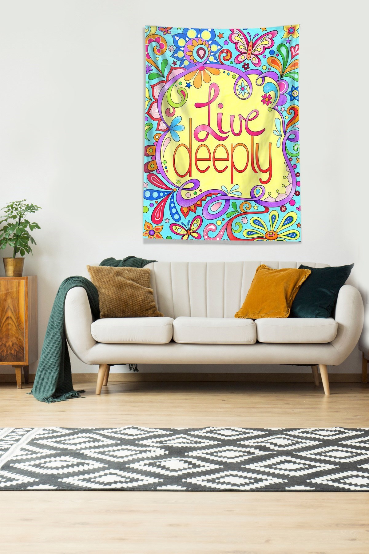 Çok Renkli  Live Deeply Leke Tutmaz Kadife Kumaş Duvar Örtüsü Duvar Halısı Tapestry