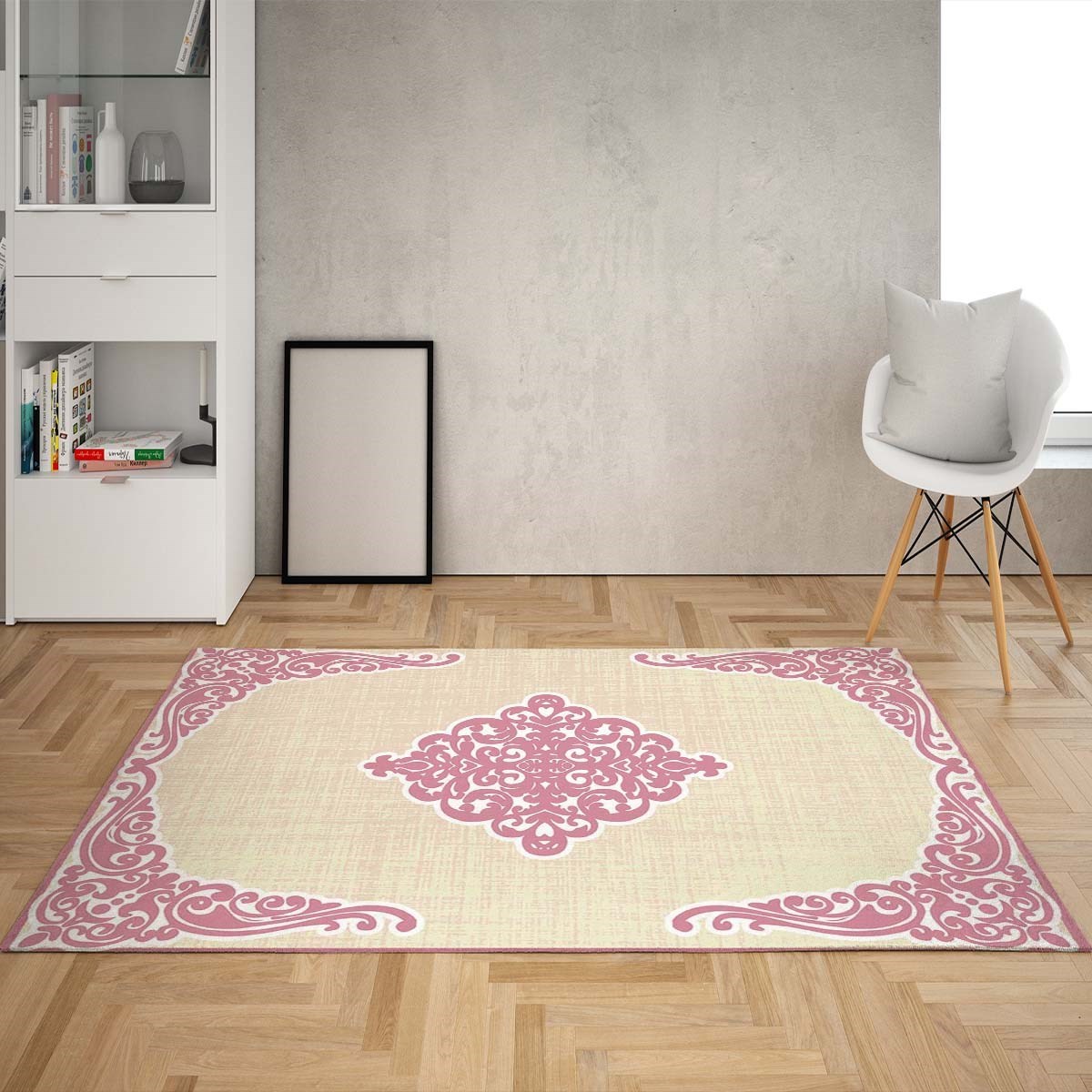 Osmanlı Motif Desenli Dijital Baskı Yıkanabilir Kaymaz Taban Klasik Salon Halı ve Yolluk (Pembe)