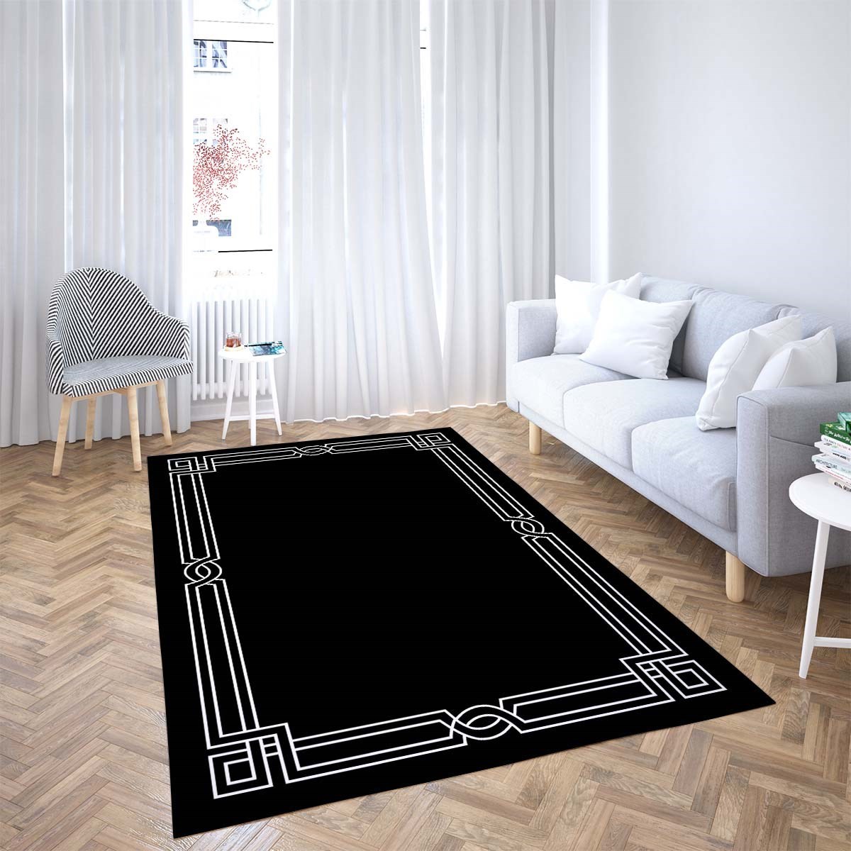 Geometrik Çerçeve Desenli Dijital Baskı Yıkanabilir Kaymaz Taban Düz Salon Halısı ve Yolluk