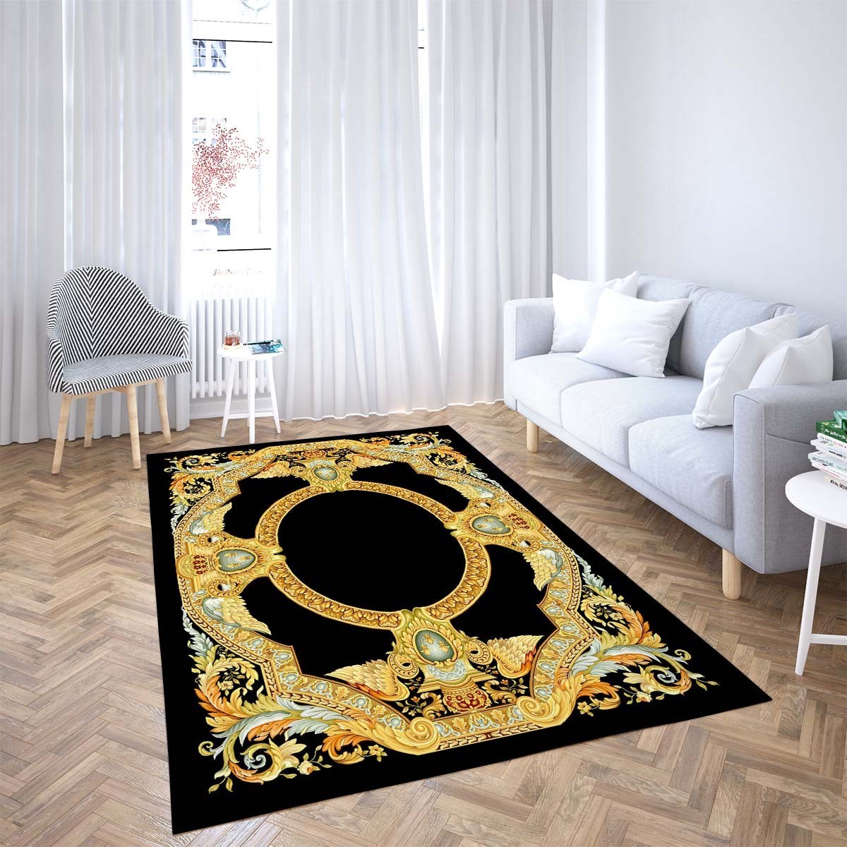 Osmanlı Motif Gold Varak Çerçeveli Dijital Baskı Yıkanabilir Kaymaz Taban Klasik Salon Halısı