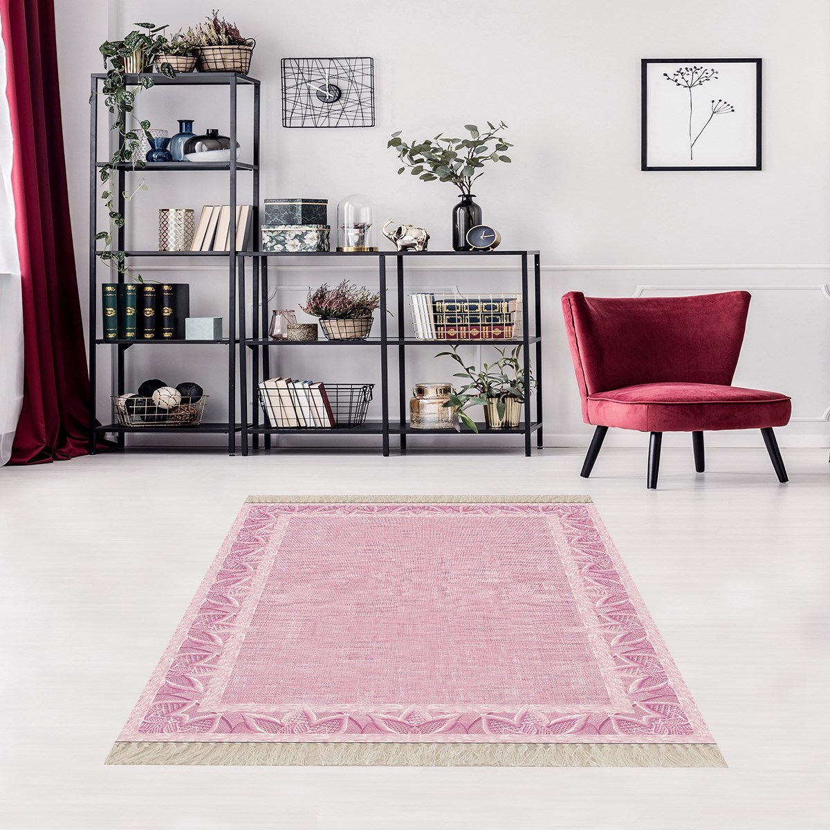 Nakış Desen Çerçeveli Dijital Baskı Yıkanabilir Kaymaz Taban Modern Salon Halısı ve Yolluk (Pembe)