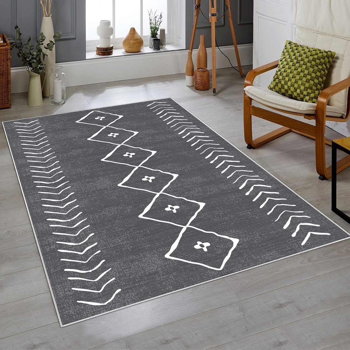 Çizgi Bohem Etnik Kilim Desen Dijital Baskı Yıkanabilir Kaymaz Taban Modern Salon Halısı ve Yolluk