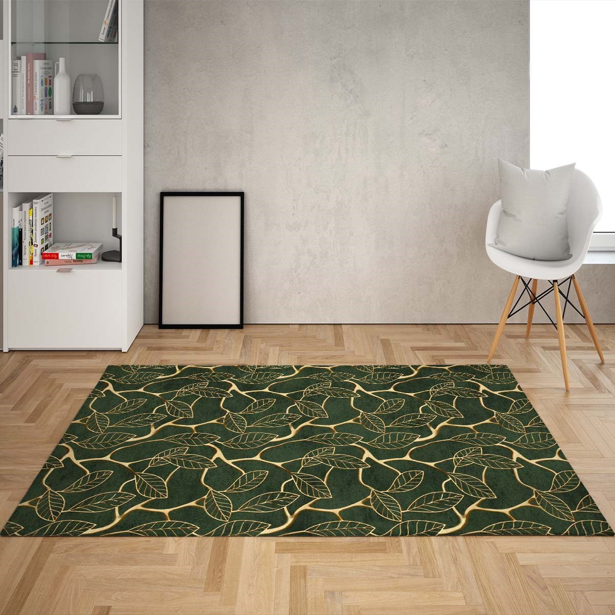 Gold Yaprak Desenli Dijital Baskı Yıkanabilir Kaymaz Taban Klasik Salon Halısı Yeşil
