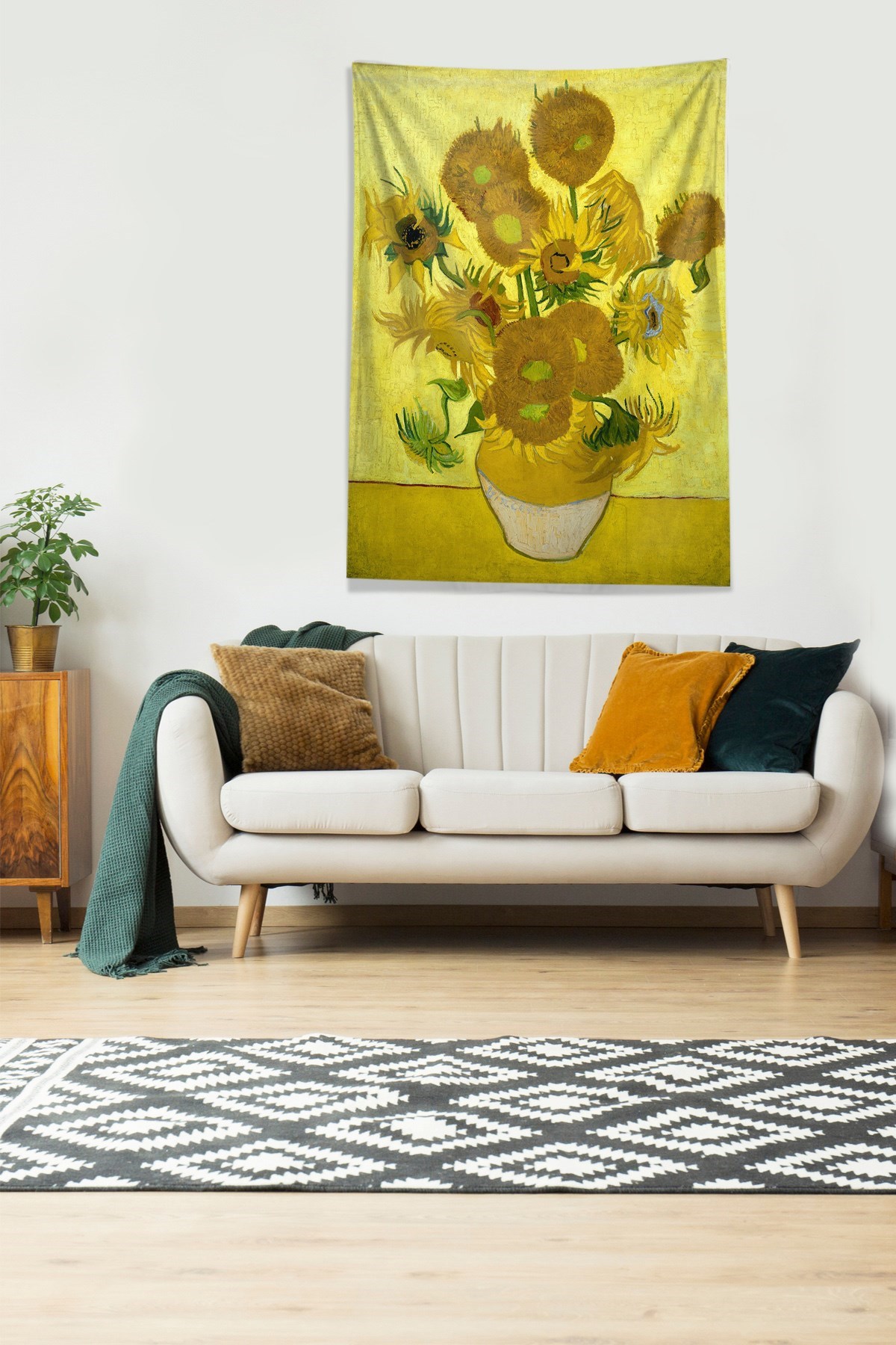 Sarı Van Gogh Sunflower Leke Tutmaz Kadife Kumaş Duvar Örtüsü Duvar Halısı Tapestry