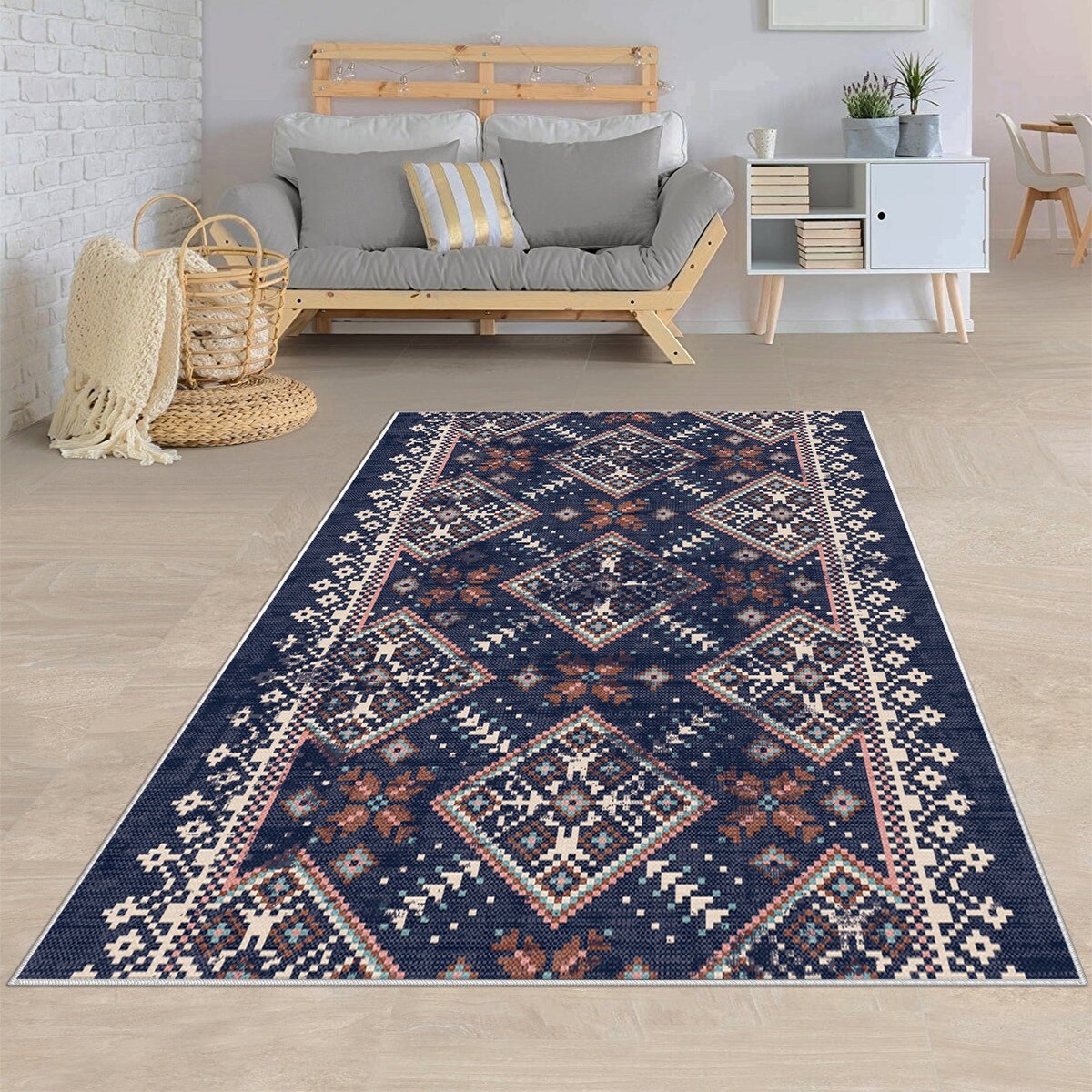 Geometrik Etnik Kilim Desenli Siyah Beyaz Dijital Baskı Yıkanabilir Kaymaz Taban Modern Salon Halısı