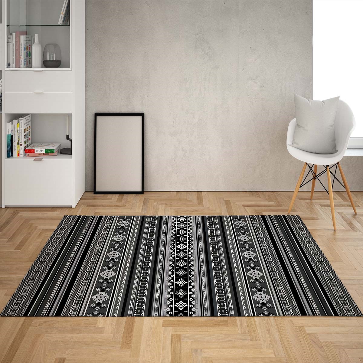 Kilim Desenli Etnik Dijital Baskı Yıkanabilir Kaymaz Taban Modern Salon Halı ve Yolluk (Gri)