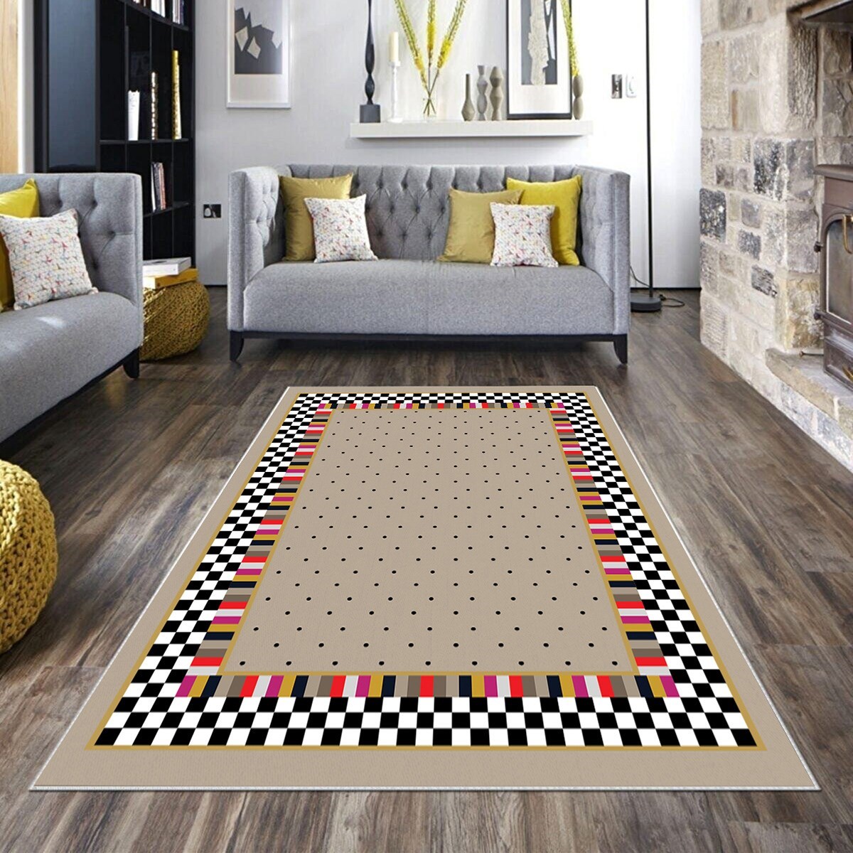 Vizon Dama ve Kilim Desenli Yıkanabilir Kaymaz Taban Leke Tutmaz Modern Salon Halısı ve Yolluk