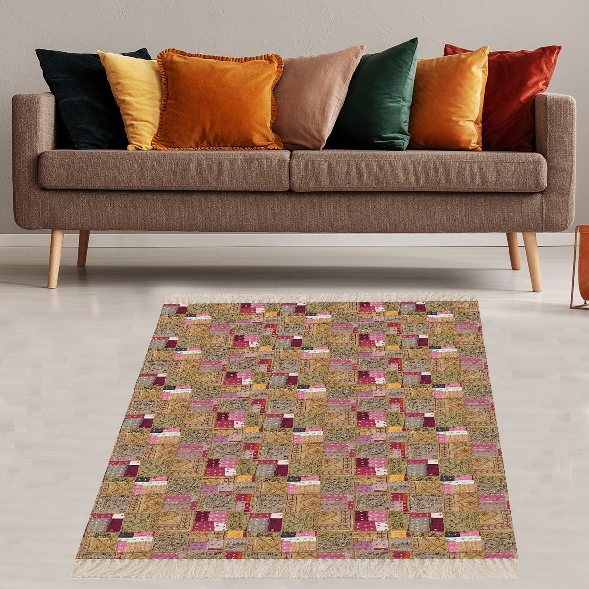 Patchwork Kilim Desenli Dijital Baskı Yıkanabilir Kaymaz Taban Etnik Salon Halısı ve Yolluk