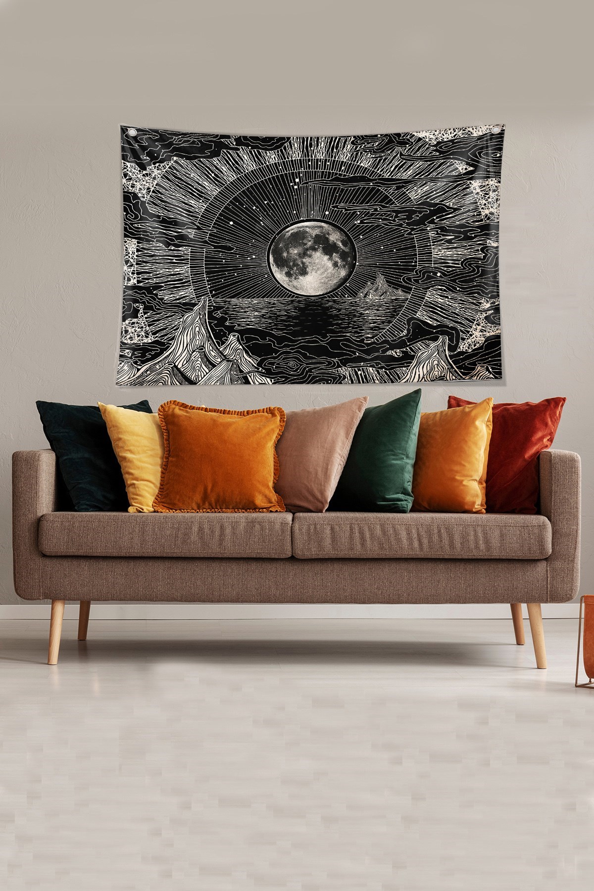 Siyah-Beyaz Ay New Moon Leke Tutmaz Kadife Kumaş Duvar Örtüsü Duvar Halısı Tapestry