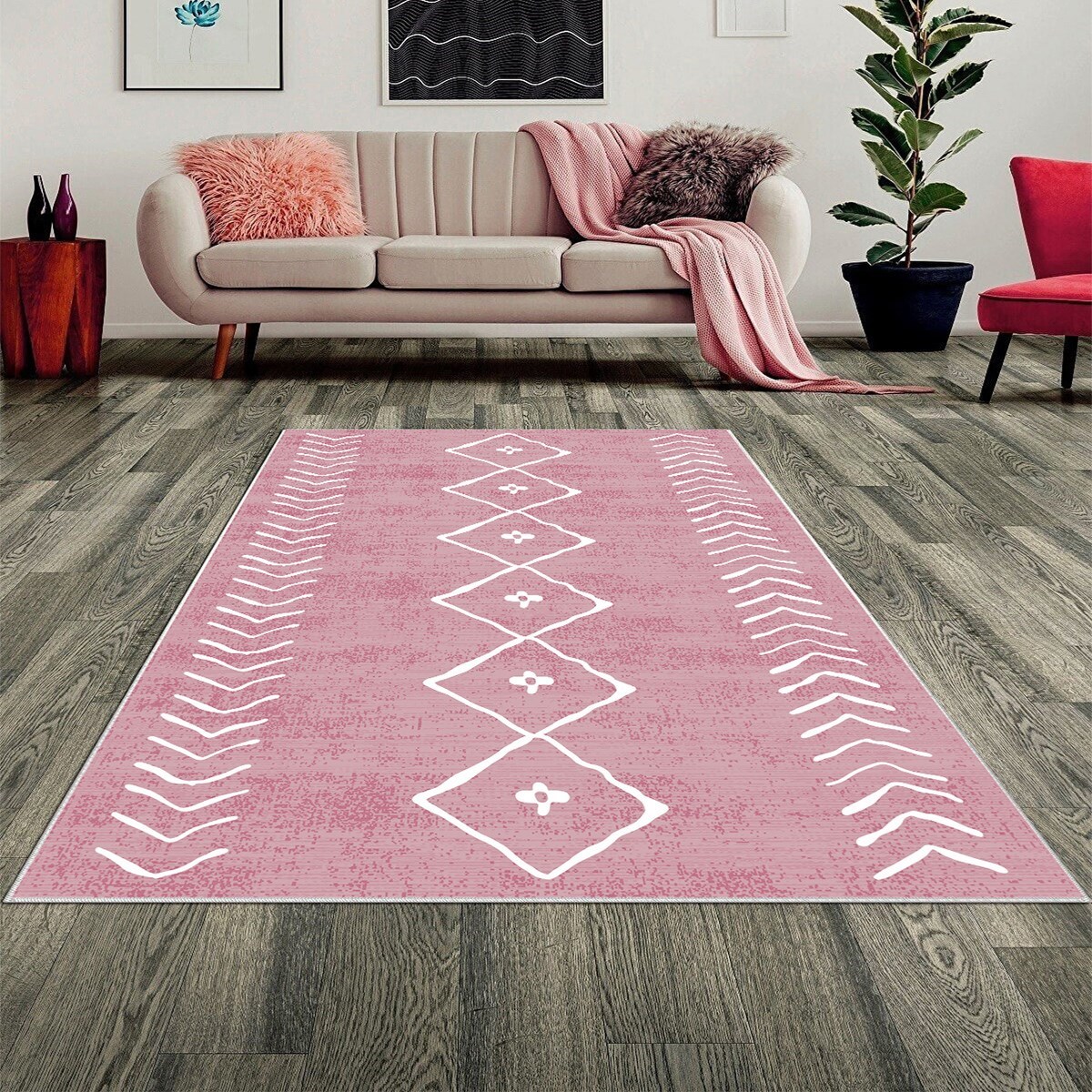 Geometrik Çizgi Kilim Desenli Bohem Dijital Baskı Yıkanabilir Kaymaz Taban Salon Halısı ve Yolluk