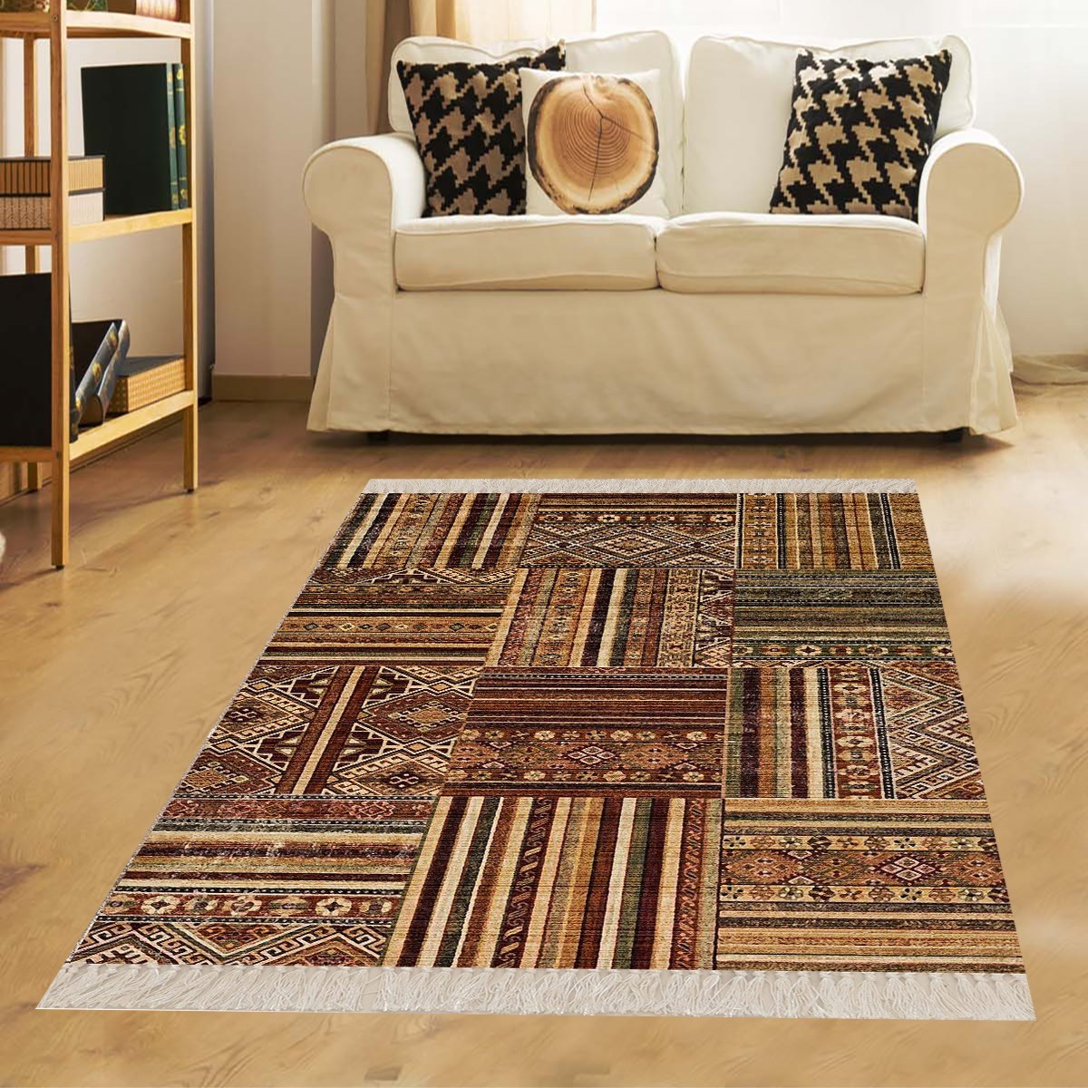 Kilim Desenli Etnik Dijital Baskı Yıkanabilir Kaymaz Taban Eskitme Salon Halı ve Yolluk