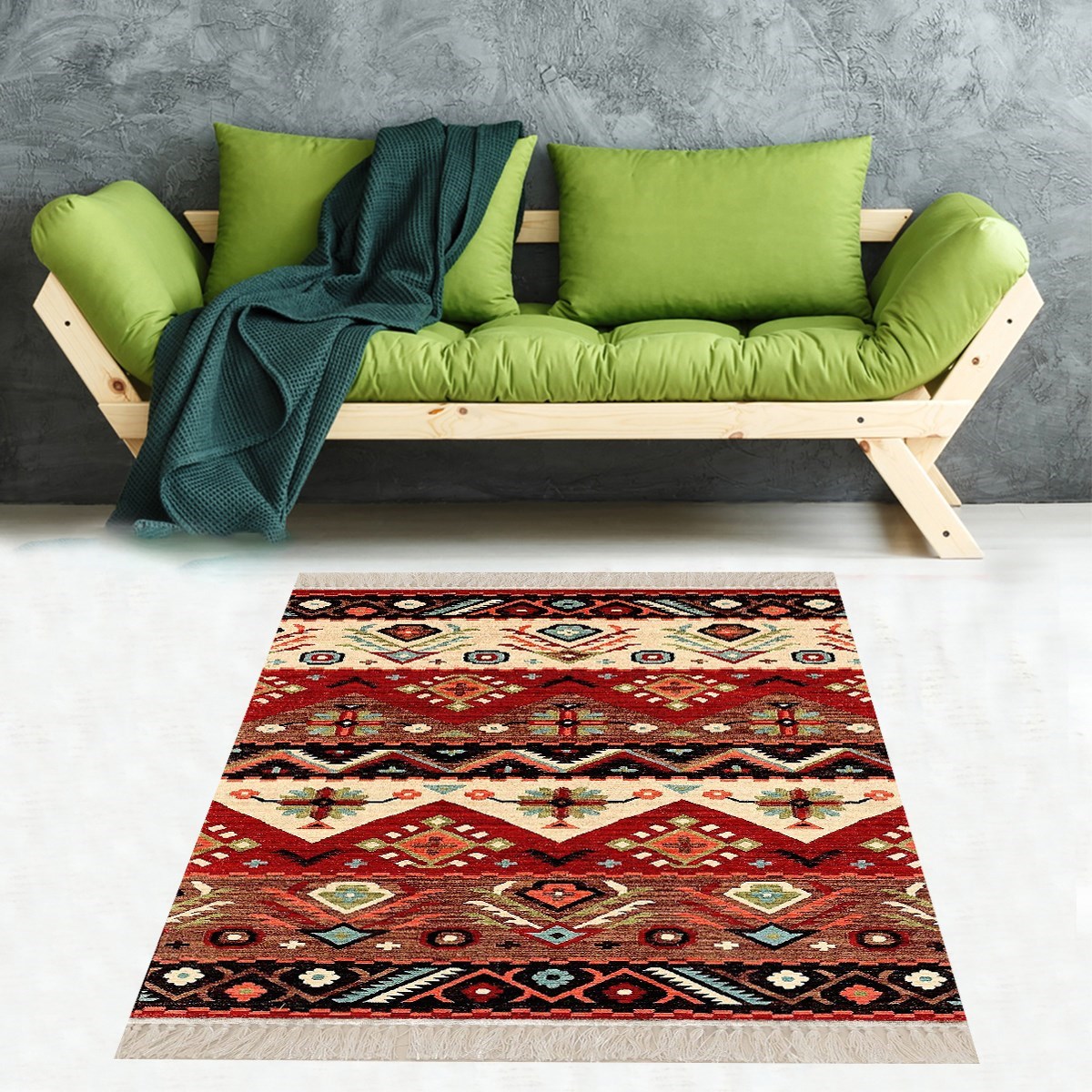 Kilim Desenli Etnik Dijital Baskı Yıkanabilir Kaymaz Taban Modern Salon Halısı ve Yolluk