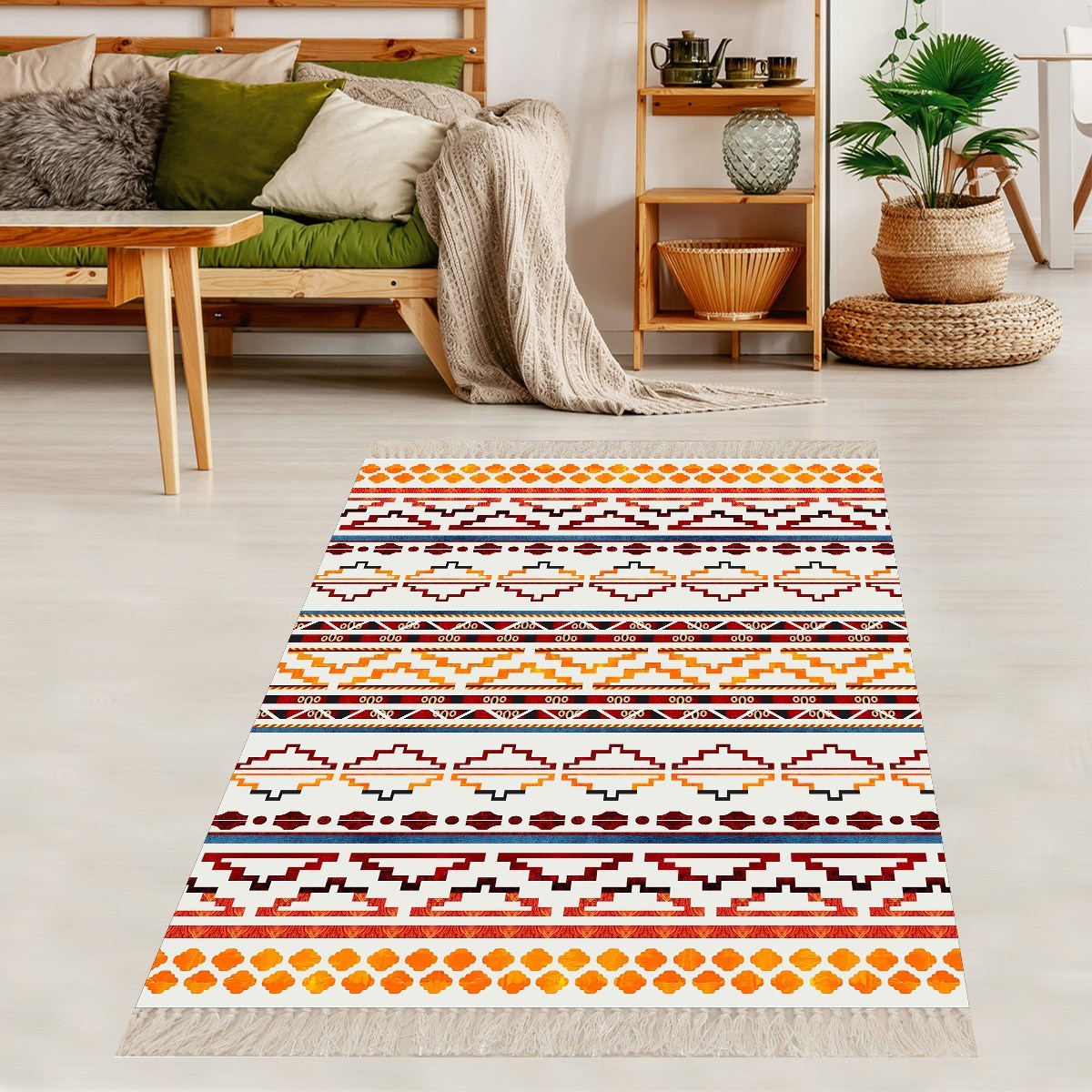 Kilim Desenli Dijital Baskı Yıkanabilir Kaymaz Taban Etnik Desen Salon Halısı