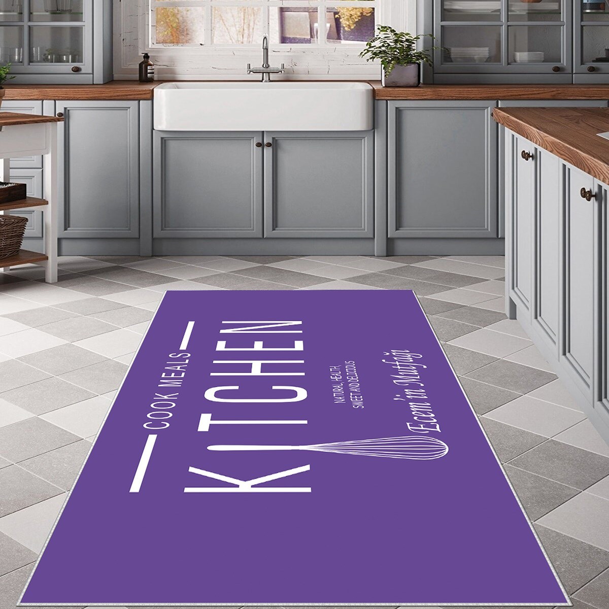 Mor Kitchen Yazılı Yıkanabilir Kaymaz Taban Leke Tutmaz Modern Salon Halısı ve Yolluk