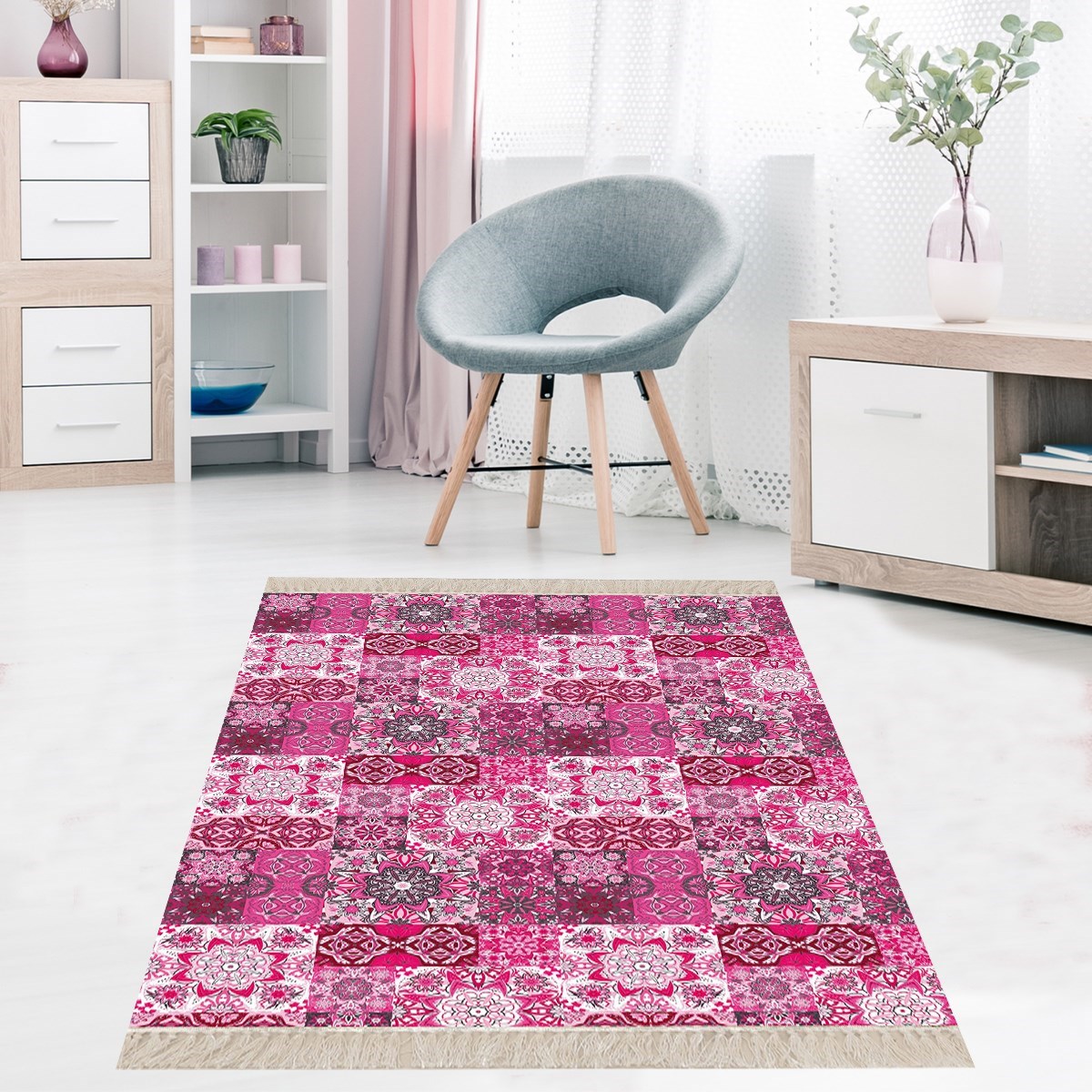 Kilim Desenli Etnik Dijital Baskı Yıkanabilir Kaymaz Taban Modern Salon Halı ve Yolluk