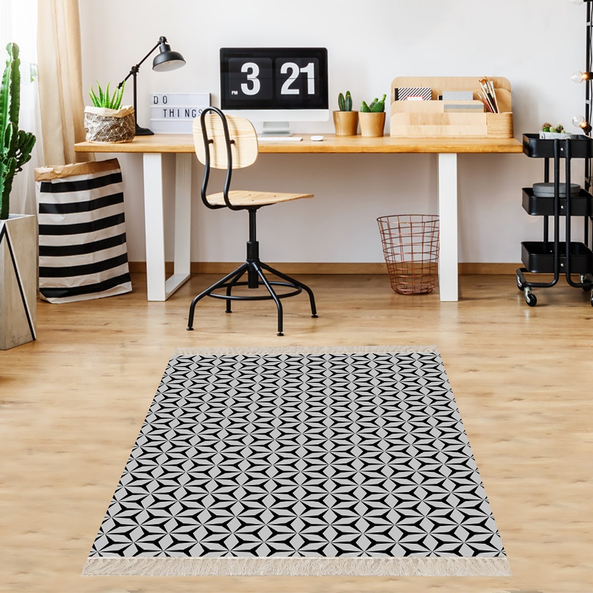 Geometrik Desenli Dijital Baskı Yıkanabilir Kaymaz Taban Modern Kilim Desen Salon Halı (Bej)